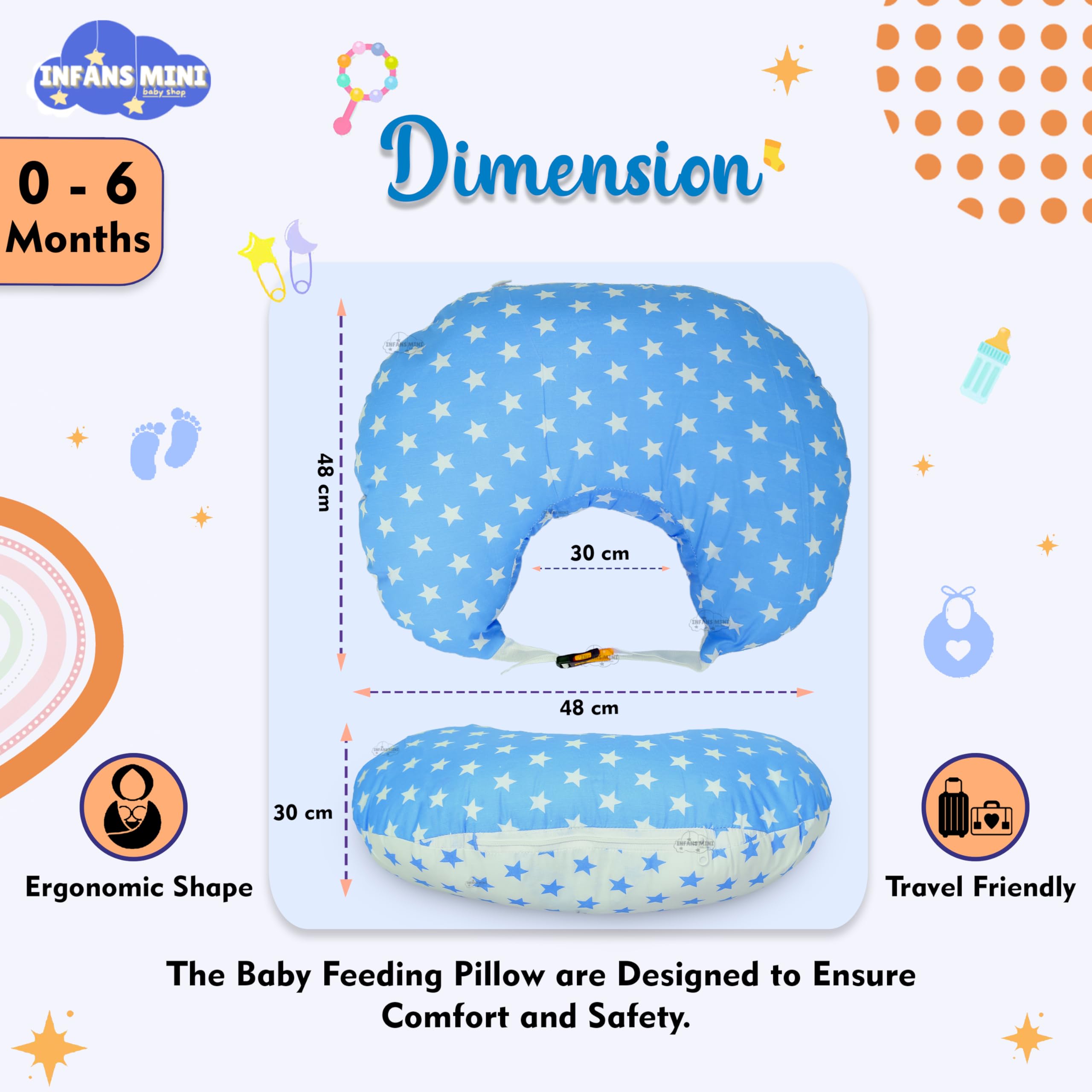 Infans Mini Baby Feeding Pillow Cotton|Maternity Feeding Pillow Portable & Adjustable|Nursing Pillow for Mother and New Born Baby (Star Blue) 2