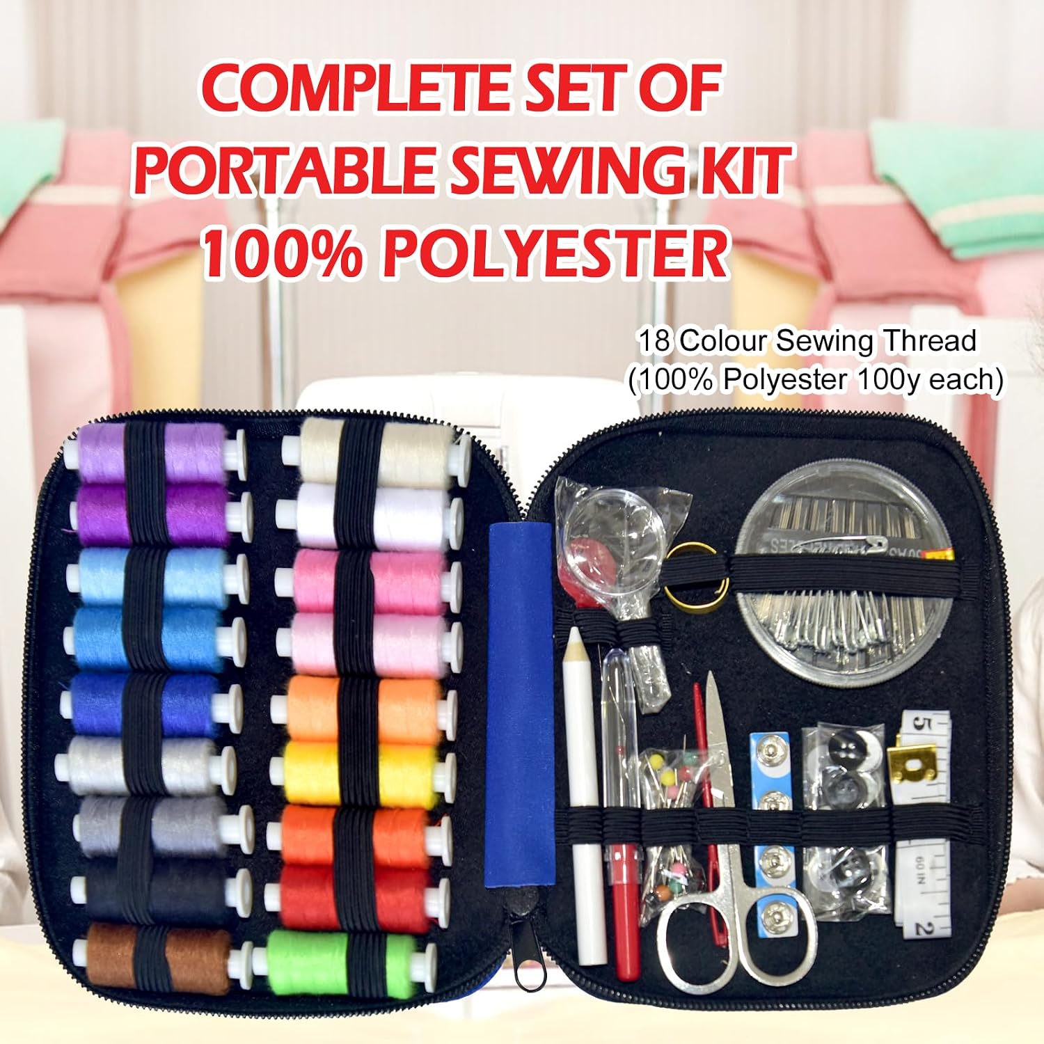 Sewing Kit with Case Portab Sewing Supplies for Home Traver, Adults, Beginner, Emergency, Contains 18 Sewing Thread, Scissors, Needs, Measure etc,Very Dark Royal Blue thumbnail