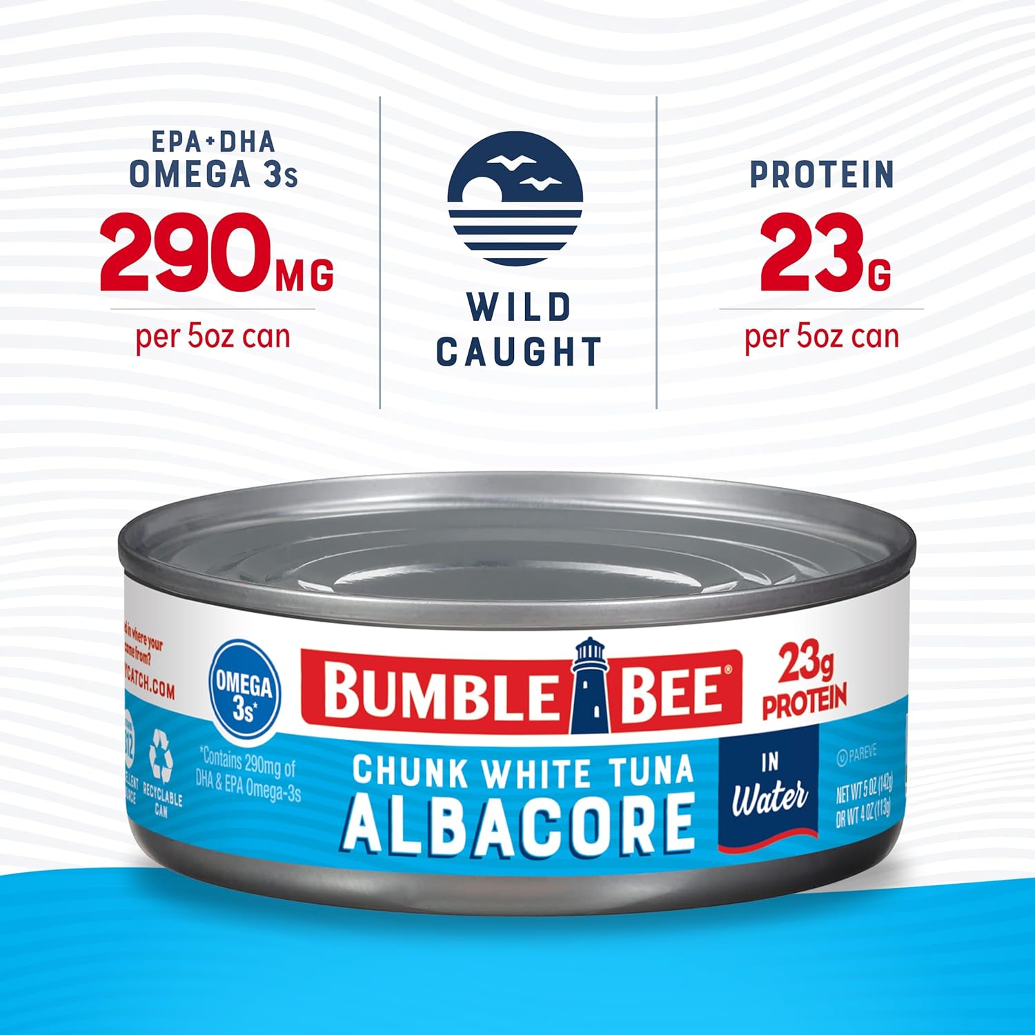 Bumble Bee Chunk White Albacore Tuna in Water, 5 oz Can (Pack of 24) - Wild Caught Tuna - 23g Protein per Serving, High in Omega-3s - Non-GMO Project Verified, Gluten Free, Kosher