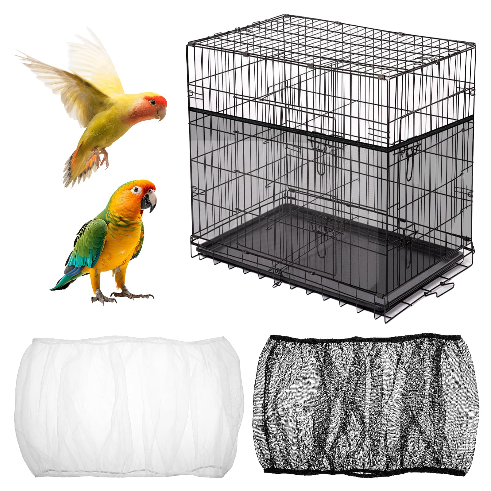 2pcs Large Bird Cage Seed Catcher Guards, Breathable Airy Nylon Mesh Material, Prevents Seed Mess, Acts as Stretchy Cage Guard, Fits Budgie, Cockatiel Various Species, Bird Cages(Black, White)