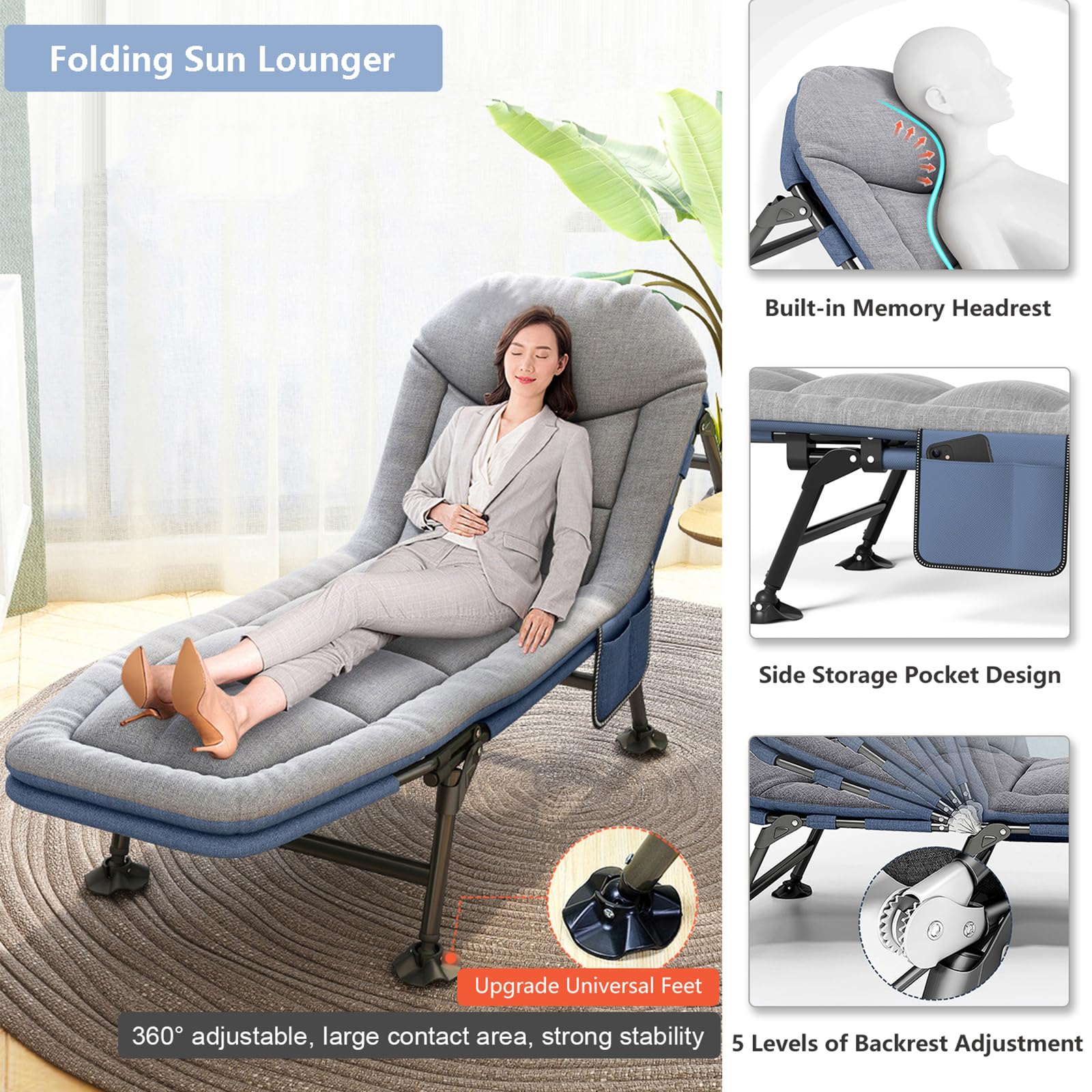 Lettino Pieghevole OVLRIJP | Sdraio Da Giardino Regolabile 6 Posizioni, Con Tasca - Nero, Per Balcone, Spiaggia, Campeggio - Foto 6