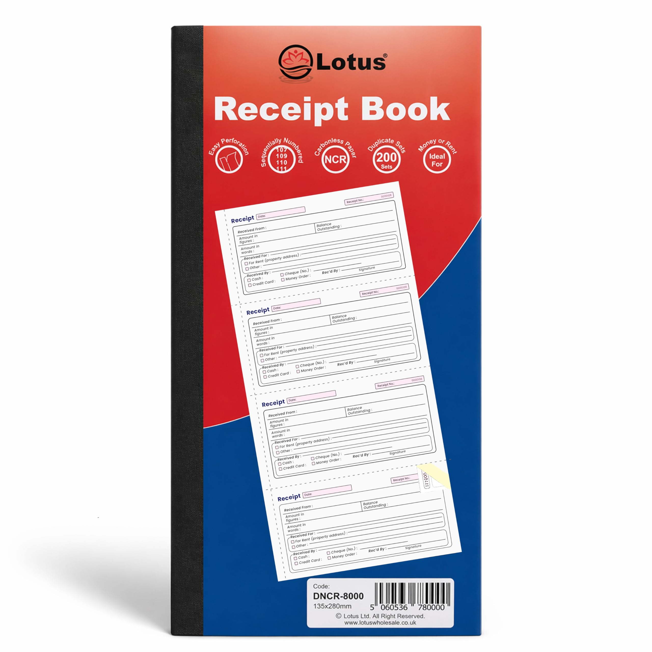 Lotus, NCR Duplicate Receipt Book 135 x 280mm. 4 Receipts per Page. 200 Duplicate Sets. Micro-Perforated. Serially Numbered. Side Taped Book DNCR-8000