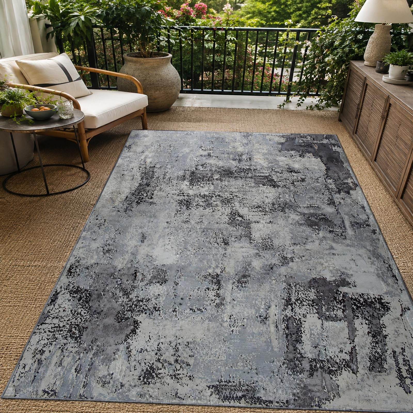Tapis abstrait moderne gris noir blanc beige rectangulaire 200 x 300 cm