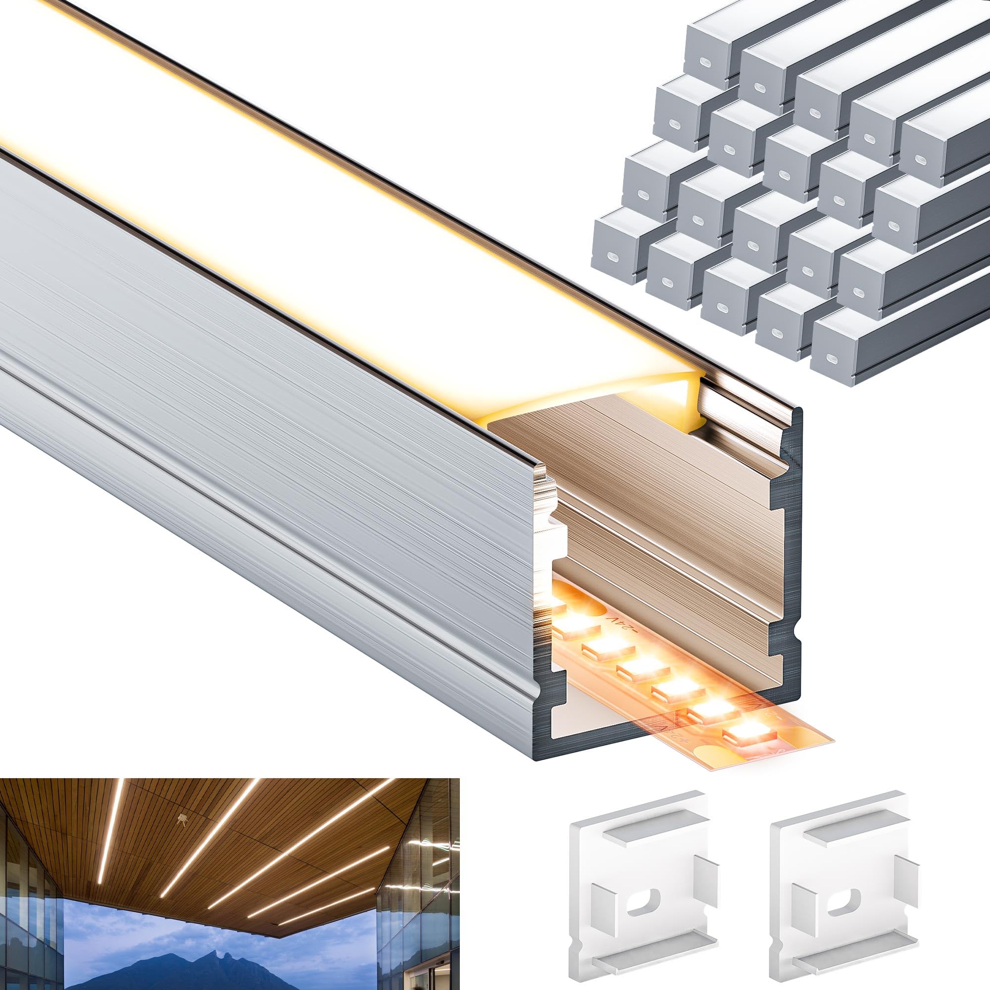 Profil aluminiowy LED 40 x 2 m (40 m), profil aluminiowy w kształcie litery U z mleczną osłoną do taśm LED, zaślepek i klamry montażowej do taśm LED, dł. 2000 x 20 x 20 mm