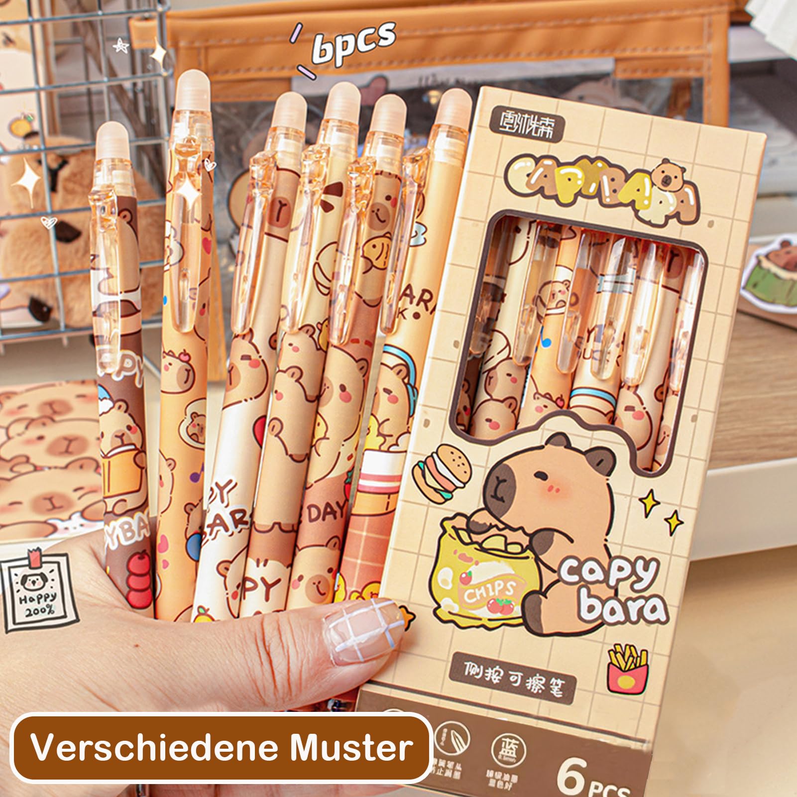 6 Stück Capybara Stifte Mit Radiergummi - Niedliche Tier-Gelschreiber 0.5mm Für Schule & Büro