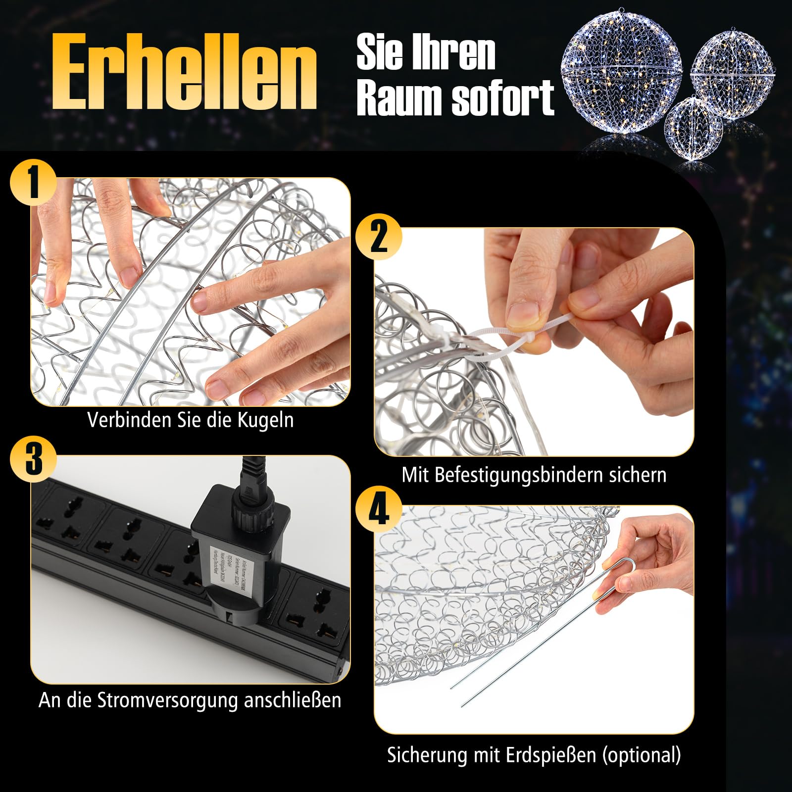 COSTWAY 3er Set LED Dekokugel, 435 LEDs, 3 Lichtfarben & 8 Modi, Weihnachtsbeleuchtung für innen und außen