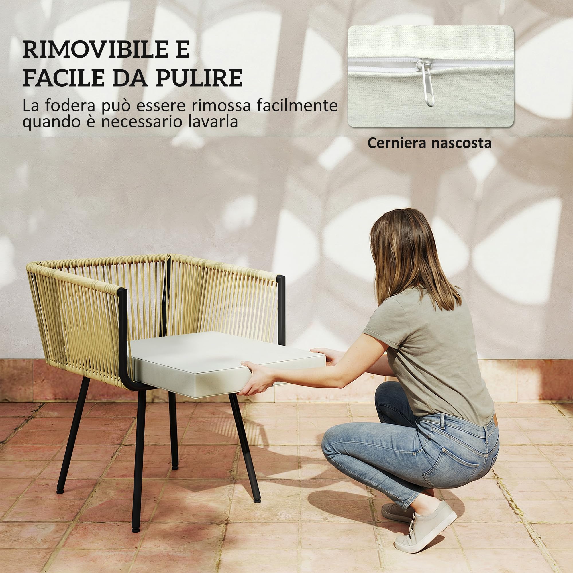 Outsunny Set Tavolo e Sedie da Giardino in Rattan 5 Pezzi, Pranzo Esterno con Tavolo Effetto Legno, Cuscini Lavabili, Salvaspazio