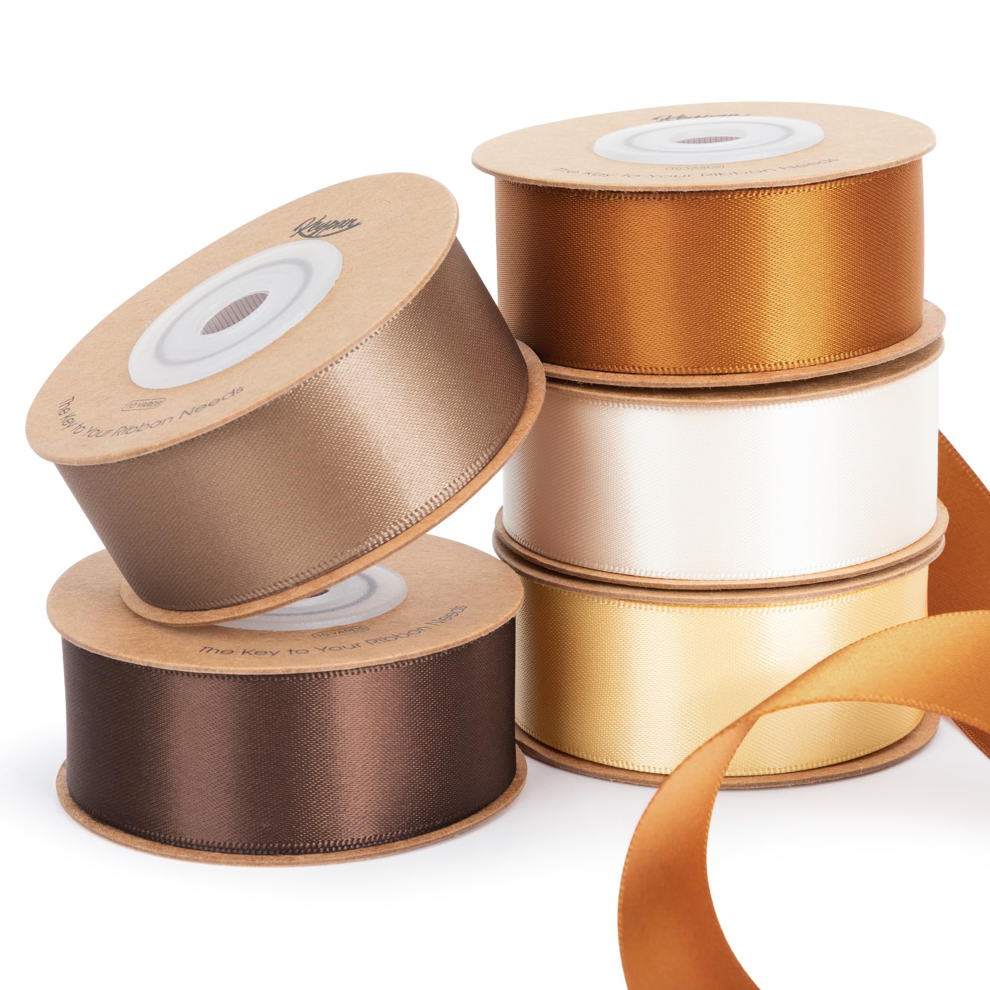 Keypan Brown Satin Ribbon Set 2.54 cm x 45.72 m Double-Faced Assorted Ribbons for Gift Wrapping, Fall Decorations, Rustic Crafts, Boho Bows, Thanksgiving & Home Décor, 9.14m per roll