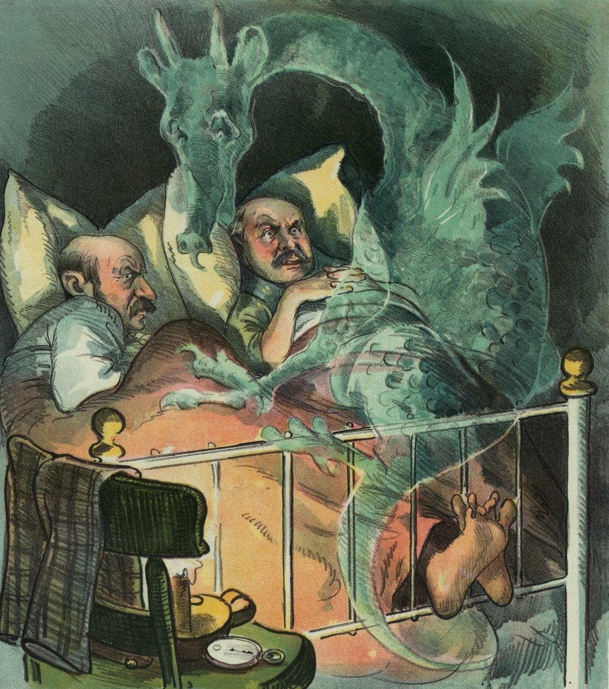 Print shows two men in bed suffering the nightmare of a spirit dragon Art by Jay Charles Taylor (1855-1929) 1895 October 2 Poster Print by Jay Charles Taylor (18 x 24)
