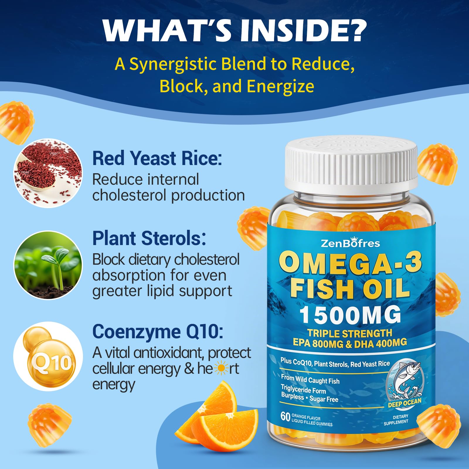 Omega 3 Fish Oil Gummies 1500mg, Triple Strength Omega 3 for Adults with EPA & DHA, CoQ10, Red Yeast Rice | Essential Fatty Acids | Wild Caught & Burpless | for Hḙar-t & Brain | Sugar Free, 120 Count — Amazon image 7