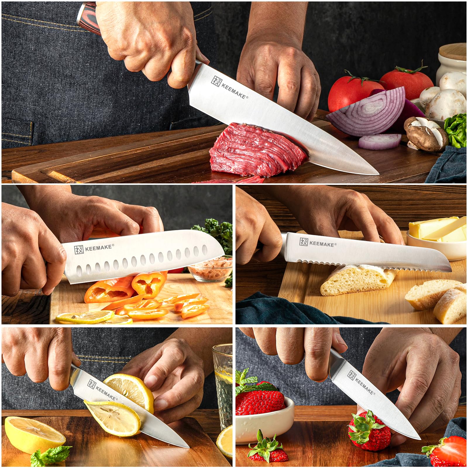 KEEMAKE Set Coltelli da Cucina Professionali - Coltelli da Cucina in Acciaio Inossidabile 5 pezzi, Spelucchino Coltello Santoku Chef Pane Universale, Manico in Pakkawood