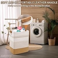 Vista 6 de Cesta de lavandería grande de 85 litros con asas de cuero, cesta de almacenamiento decorativa para mantas, cestas tejidas de cuerda de algodón