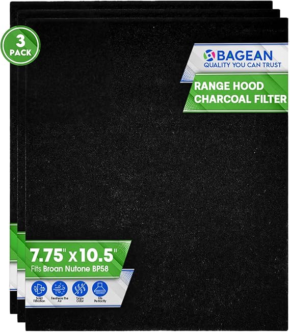 Range Hood Charcoal Filter 7.75” x 10.5” - Fits Broan and Nutone BP58 For 43000 Series Range Hoods - Broan Range Hood Filter Replacement - Carbon Stove Vent Fan Filters Removes Kitchen Odors (3-Pack)