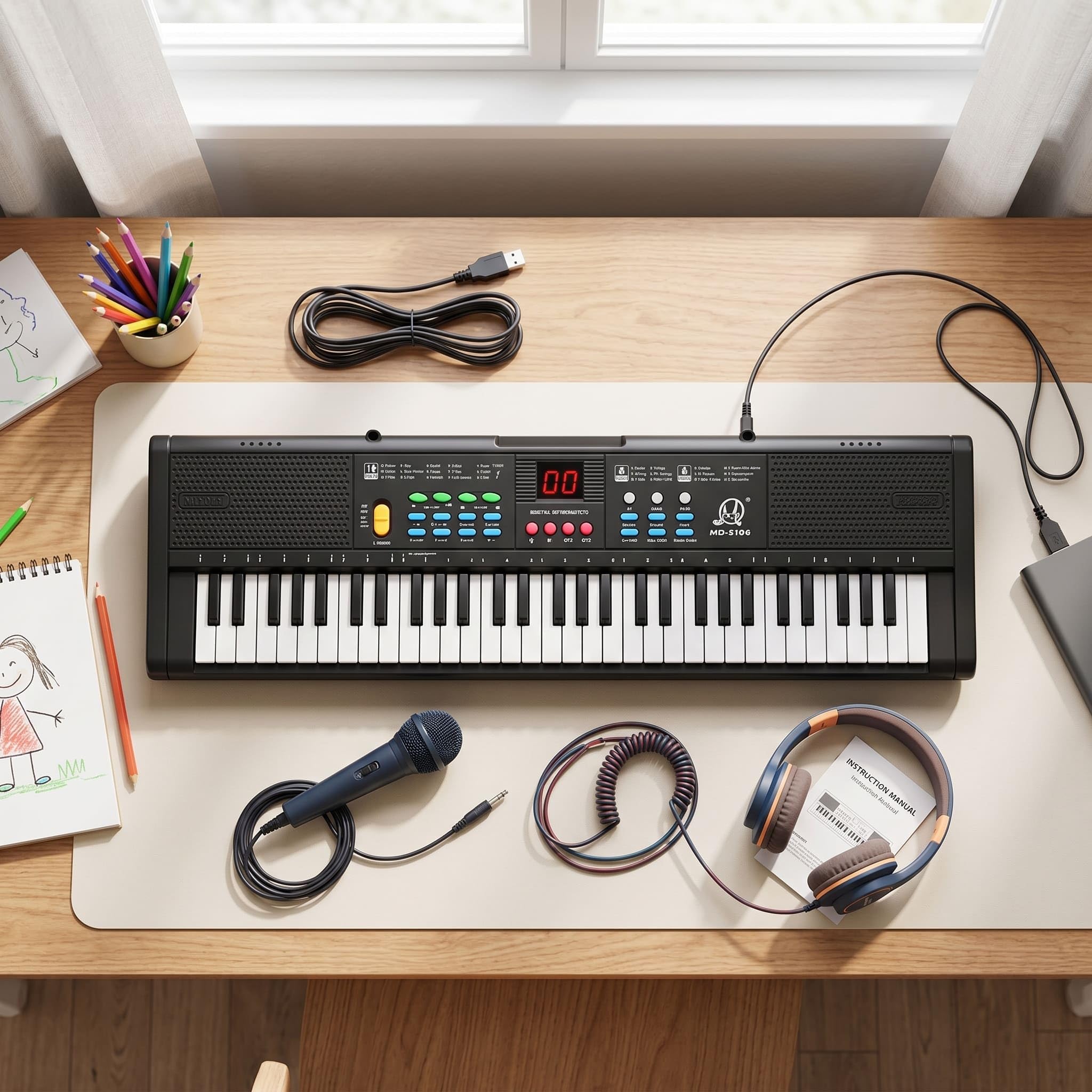 Pianino klawiaturowe, 61 klawiszy, wielofunkcyjne klawiatury elektroniczne, pianino cyfrowe z mikrofonem MQ6186, ładowanie USB, do ćwiczeń, nagrywania, programowania, akordy