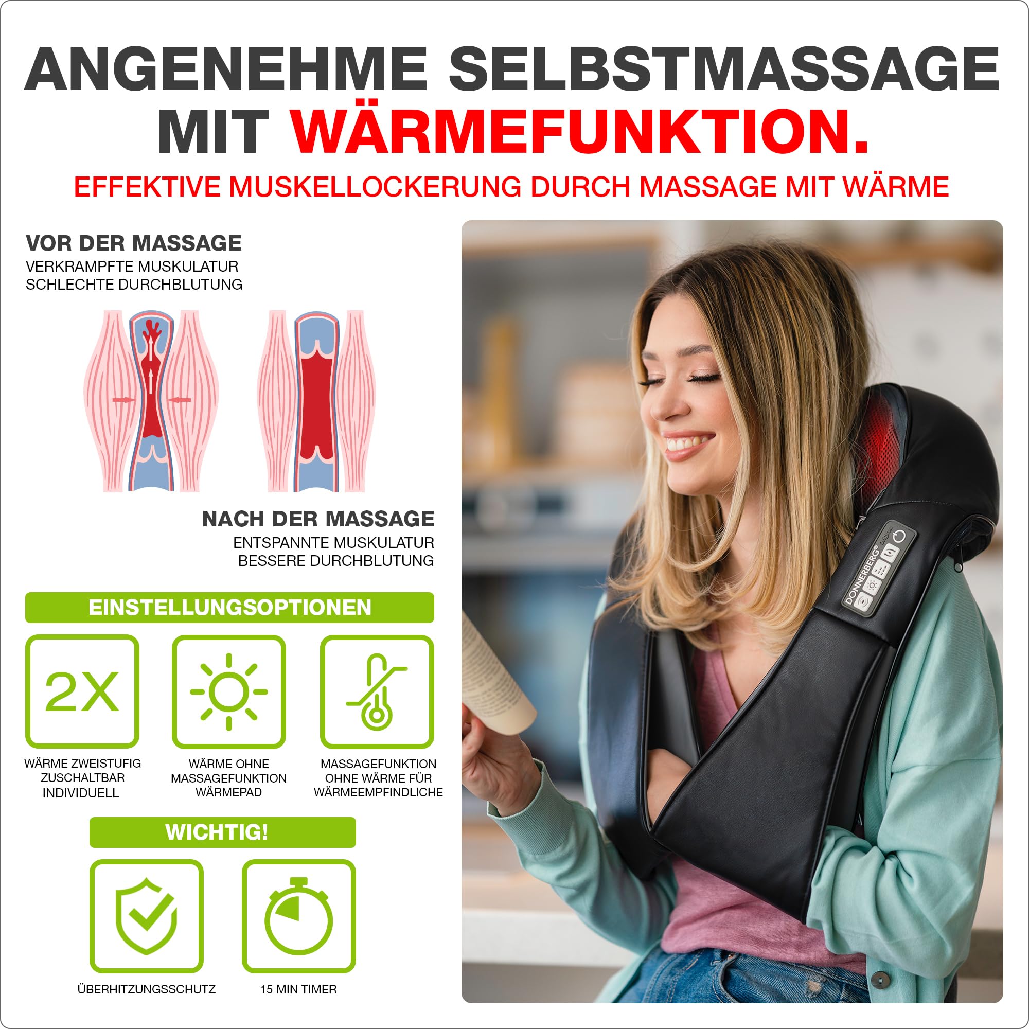 DONNERBERG® Das Original Nackenmassagegerät mit Wärme 7 Jahre Kraftmotor Garantie Shiatsu Massagegerät für Nacken Schulter Massage Vibration TÜV geprüft