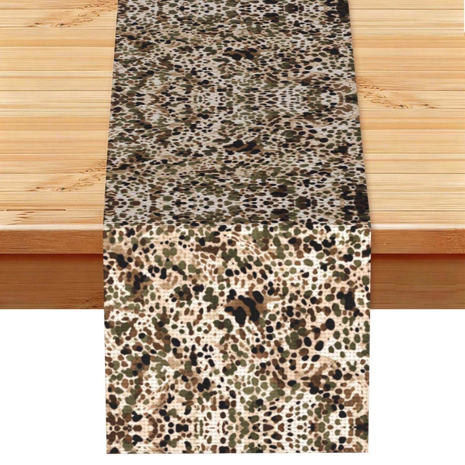 Speckled Tan Olive Camo Printed Table Runner 13 x 72, Wrinkle Resistant Decor for Dining Table Coffee Table Fireplace