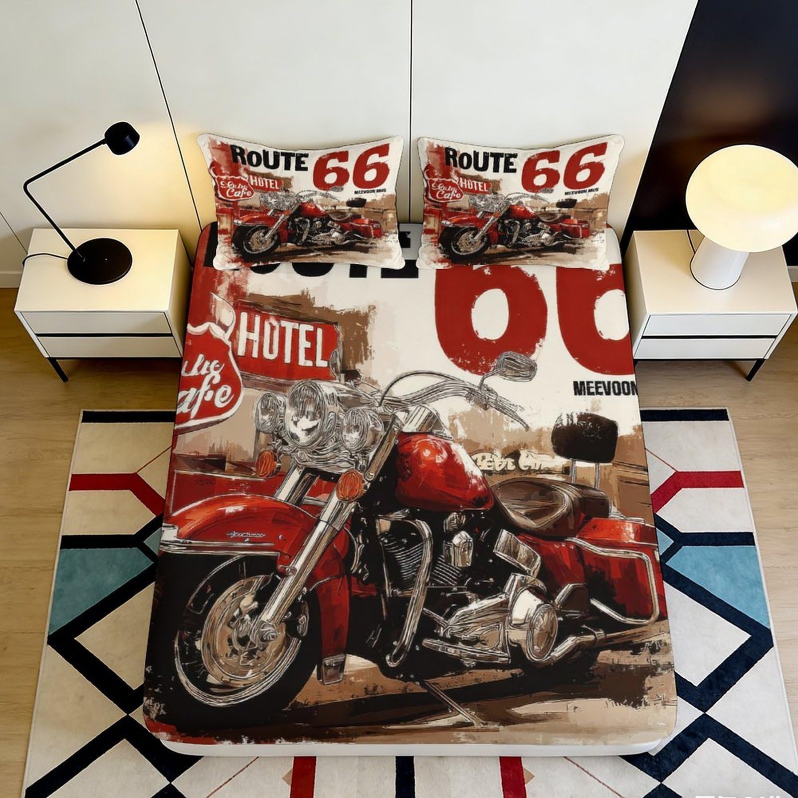 3D Printed Route 66 Motorcycle Fitted Sheet Microfiber Red Bed Cover Anti-Slip Washable for Bedroom Dorm Decor 90x200x25cm
