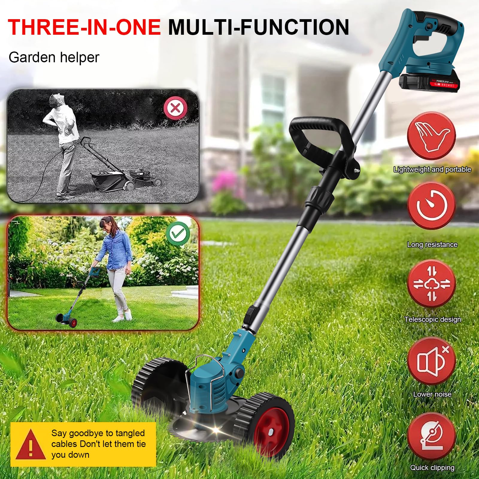 Cortadora de césped inalámbrica, cortadora de césped a batería con 2 baterías de 1500 mAh, desbrozadora eléctrica Ajustable, Recortadora de Bordes con Mango telescópico y Ruedas adicionales - 2