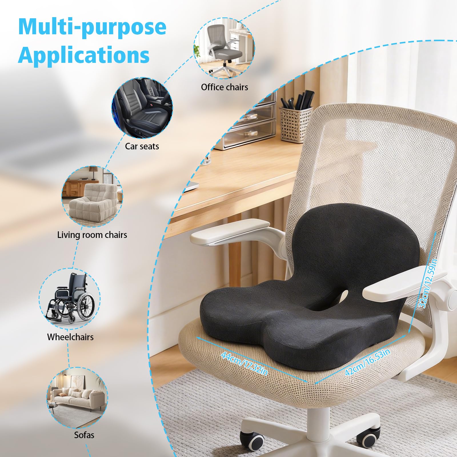 Yolispa Cuscino ortopedico con schienale, in memory foam, cuscino ergonomico con supporto per la schiena e supporto lombare a forma di L, per sedie da ufficio, sedili auto
