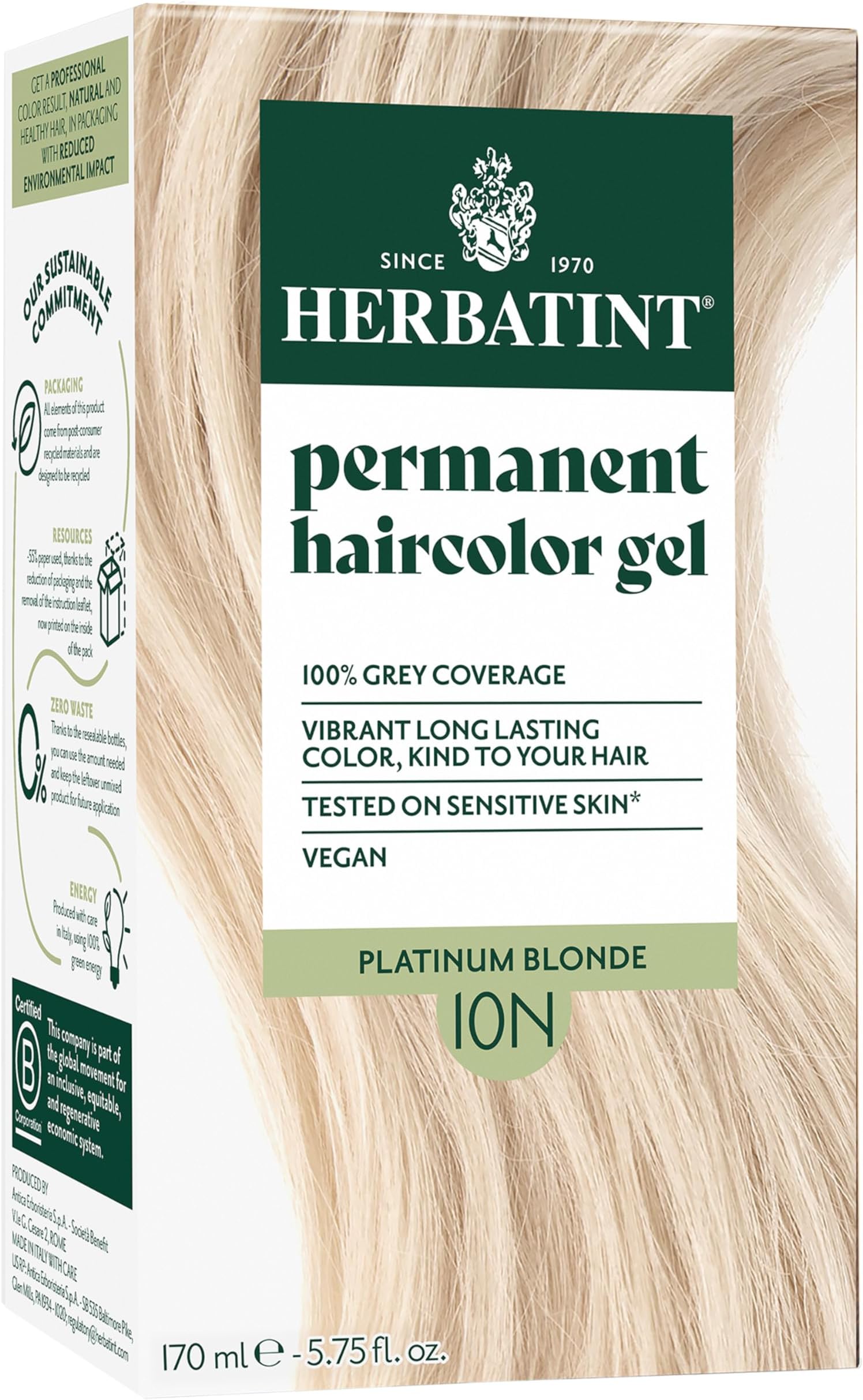 Herbatint Permanent Haircolor Gel, 10N Platinum Blonde, Alcohol Free, Vegan, 100% Grey Coverage - 4.56 oz