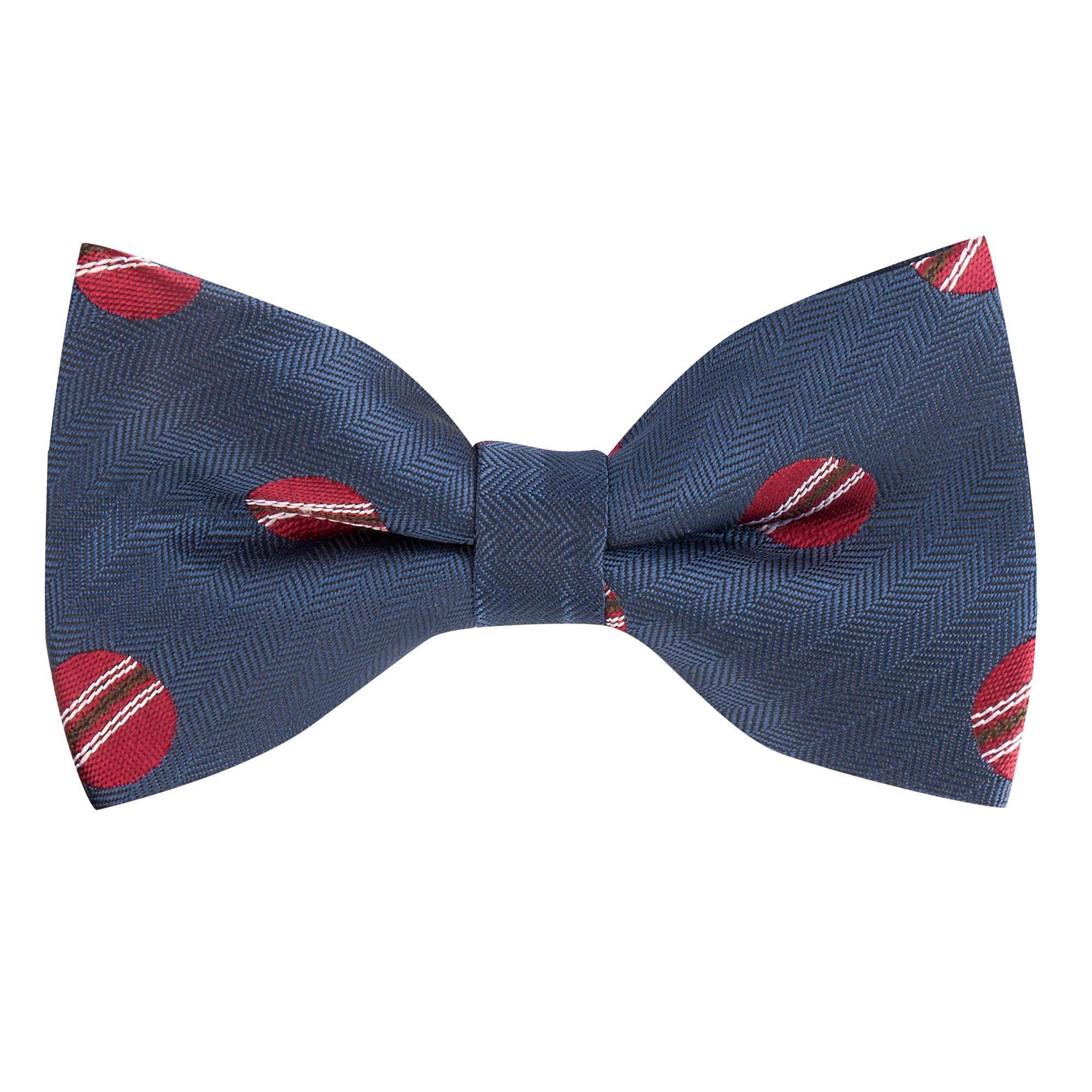 King & Priory Cricket Ball Navy Blue Herringbone Embroidered Bow Tie