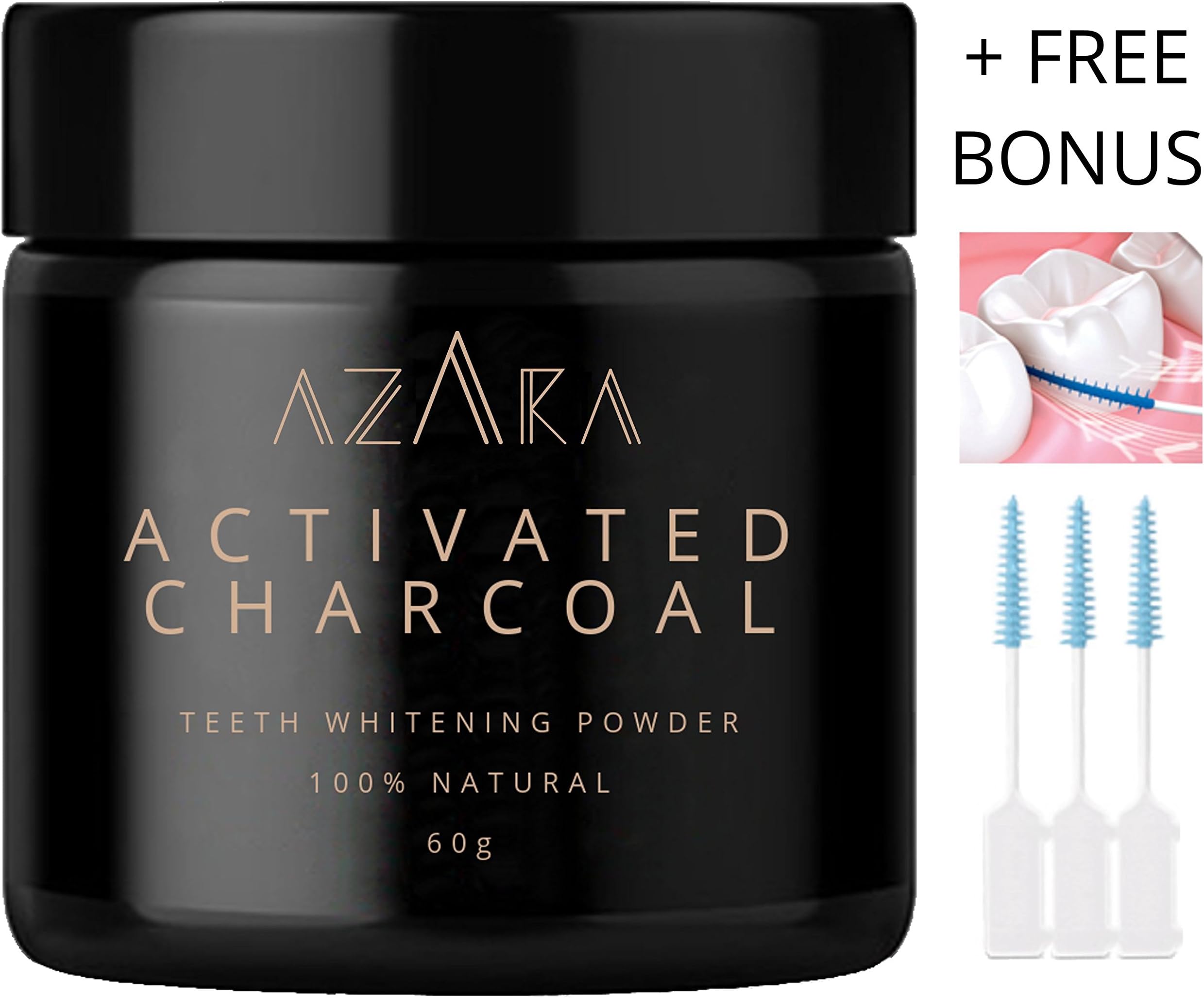 Charcoal Teeth Whitening | Activated Charcoal Natural Teeth Whitening Powder | Organic Coconut Teeth Whitening Powder | Vegan | Large 60g Jar with BONUS InterDental Brushes