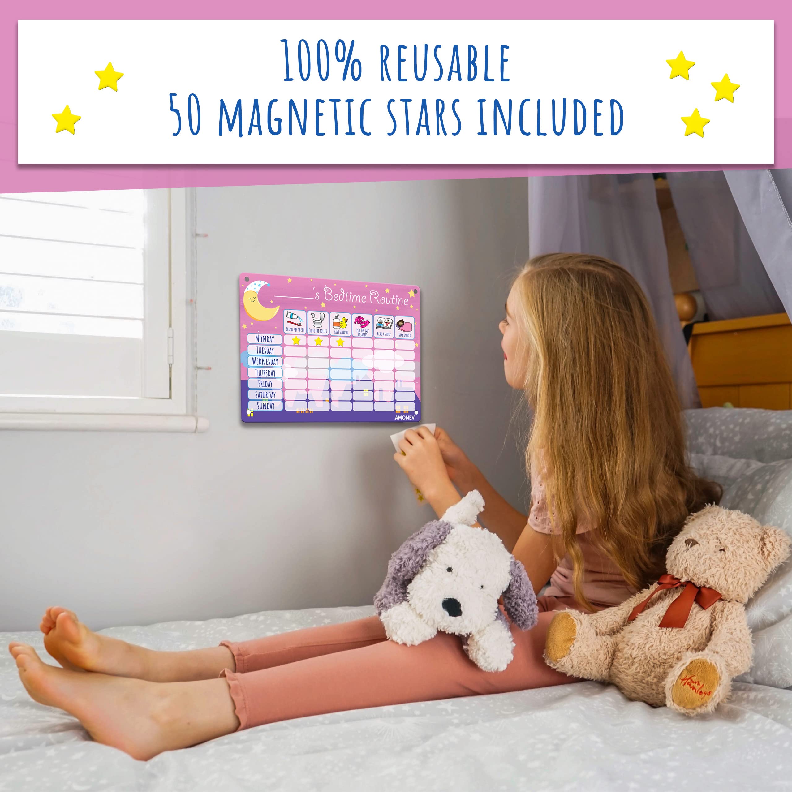 Amonev Children's Magnetic Bedtime Routine Reward Chart. Magnetic Sticker Chart. Reusable Wall Chart (Pink) - Image 2
