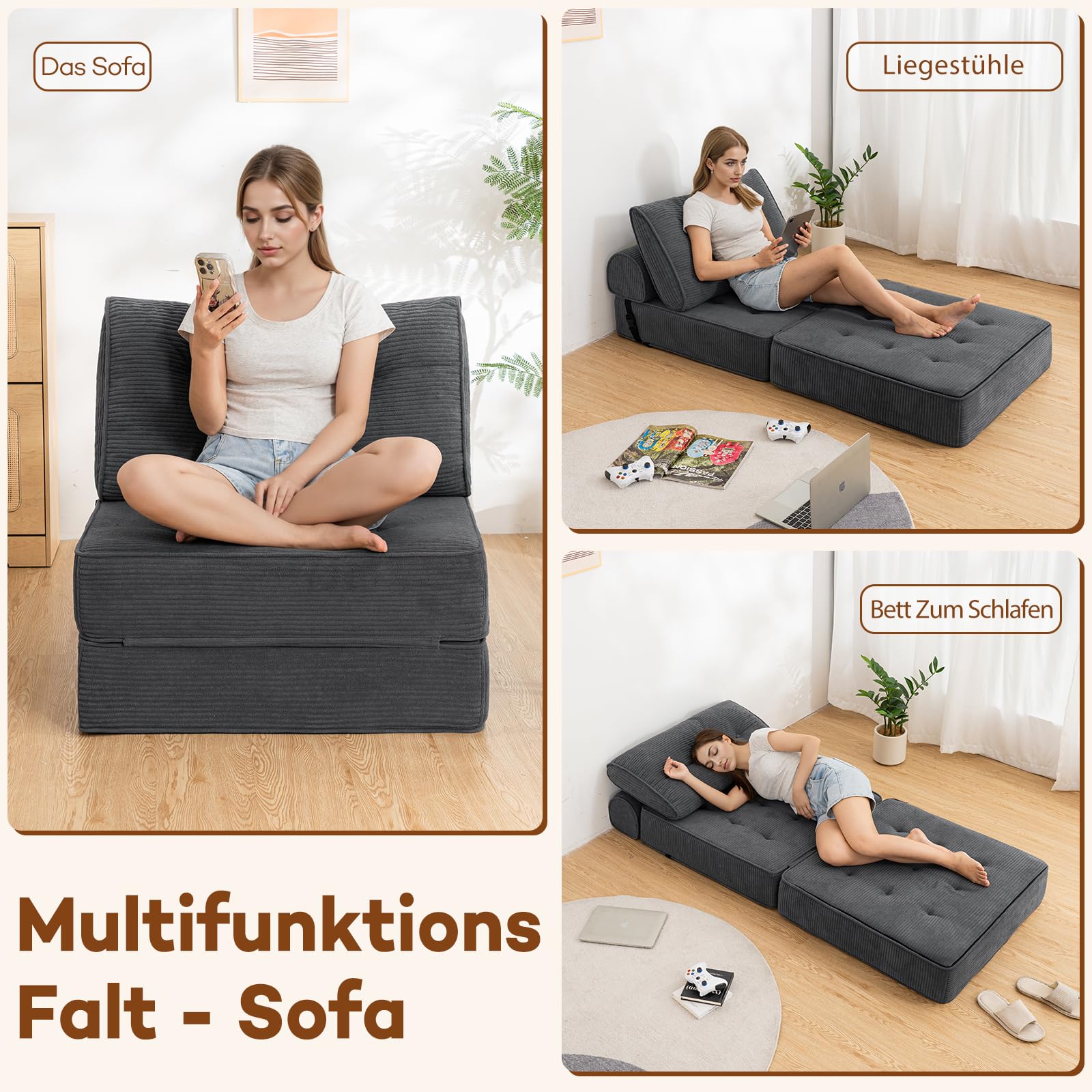 HOMMPA Faltbares Schlafsofa umwandelbarer 3-in-1 Sofa Bett Schlafsessel mit Kissen Sitzsack-Sofa Stuhl Komfortable Schlafcouch Bodensofa-Lounge für Schlafzimmer Wohnzimmer Grau 80CM
