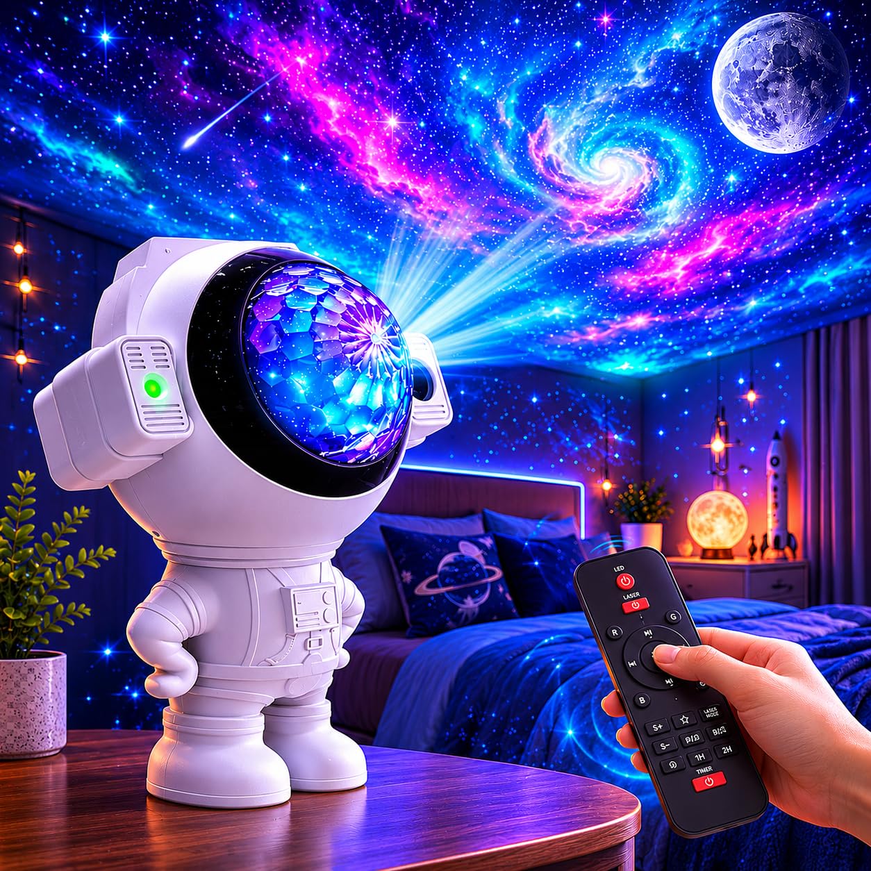 One94Store Astronaut Star Projector Light with 2×4W LED Power, 180° Wide-Angle Projection of Moon, Stars & Clouds, Bluetooth, Voice Activated & Flash Music Modes, Remote with 16.4ft Range, USB Powered