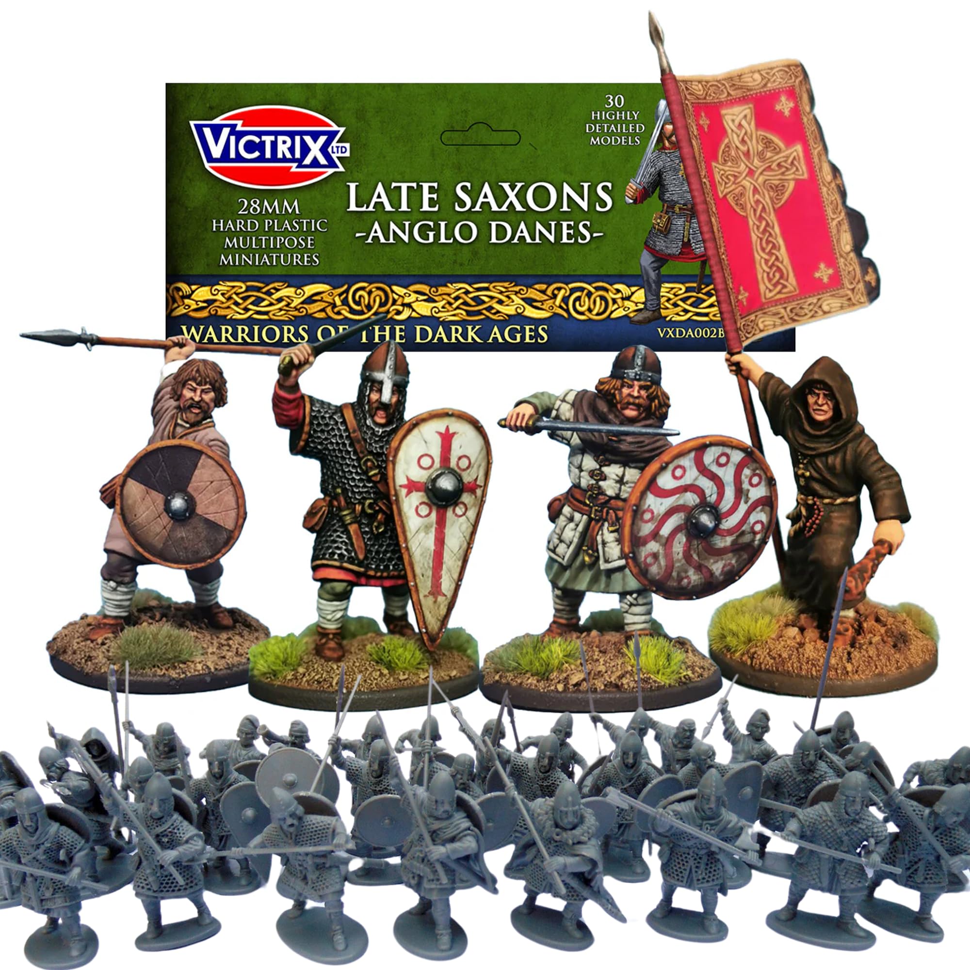 Wargames Delivered - Victrix Late Saxons Anglo Danes 28mm Miniatures – 30 Detail Dark Age Warriors for Wargames with 14 Body Types, 22 Heads, 7 Shields & Weapons