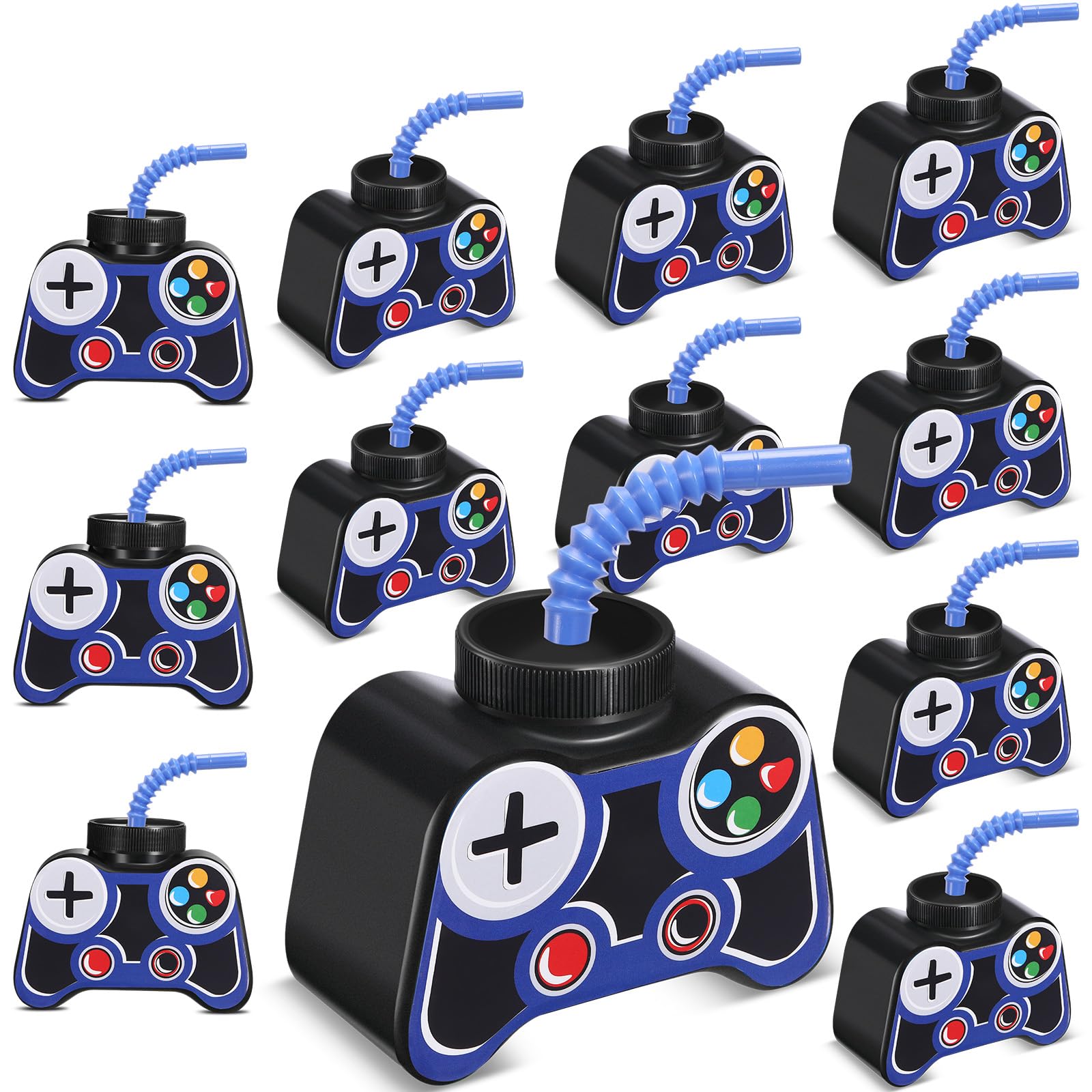 Mifoci 12 Pcs Plastic Video Game Party Cups with Straw and Lid 10oz Gamer Birthday Themed Drink Cups 7th Video Game Party Favors for Kids Toddlers