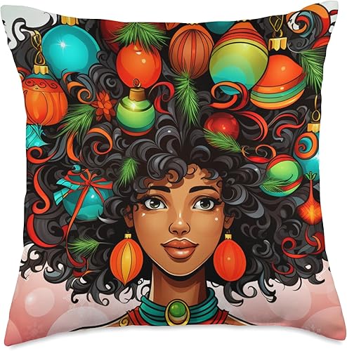 Black women Christmas ornament melanin curly hair Melanin Christmas Queen Xmas Black Girl Magic Ornament Throw Pillow, 18x18, Multicolor