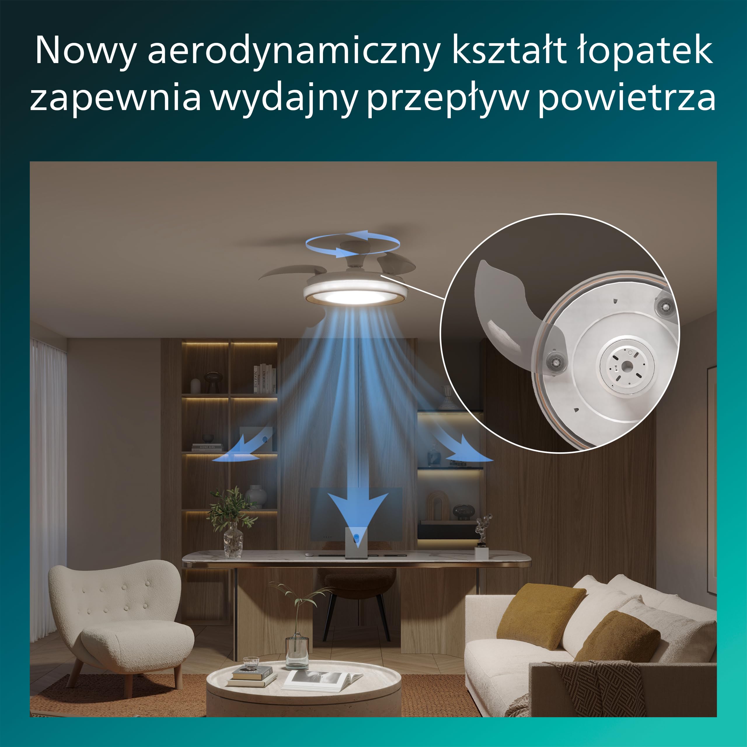 Chowany Wentylator Sufitowy Philips Bliss z Oświetleniem LED, 3 Łopatki, 106 cm, 4500 Lumenów, Regulowana Barwa 3000–6500 K, Przyciemnianie do 5%, Pilot, Złoty