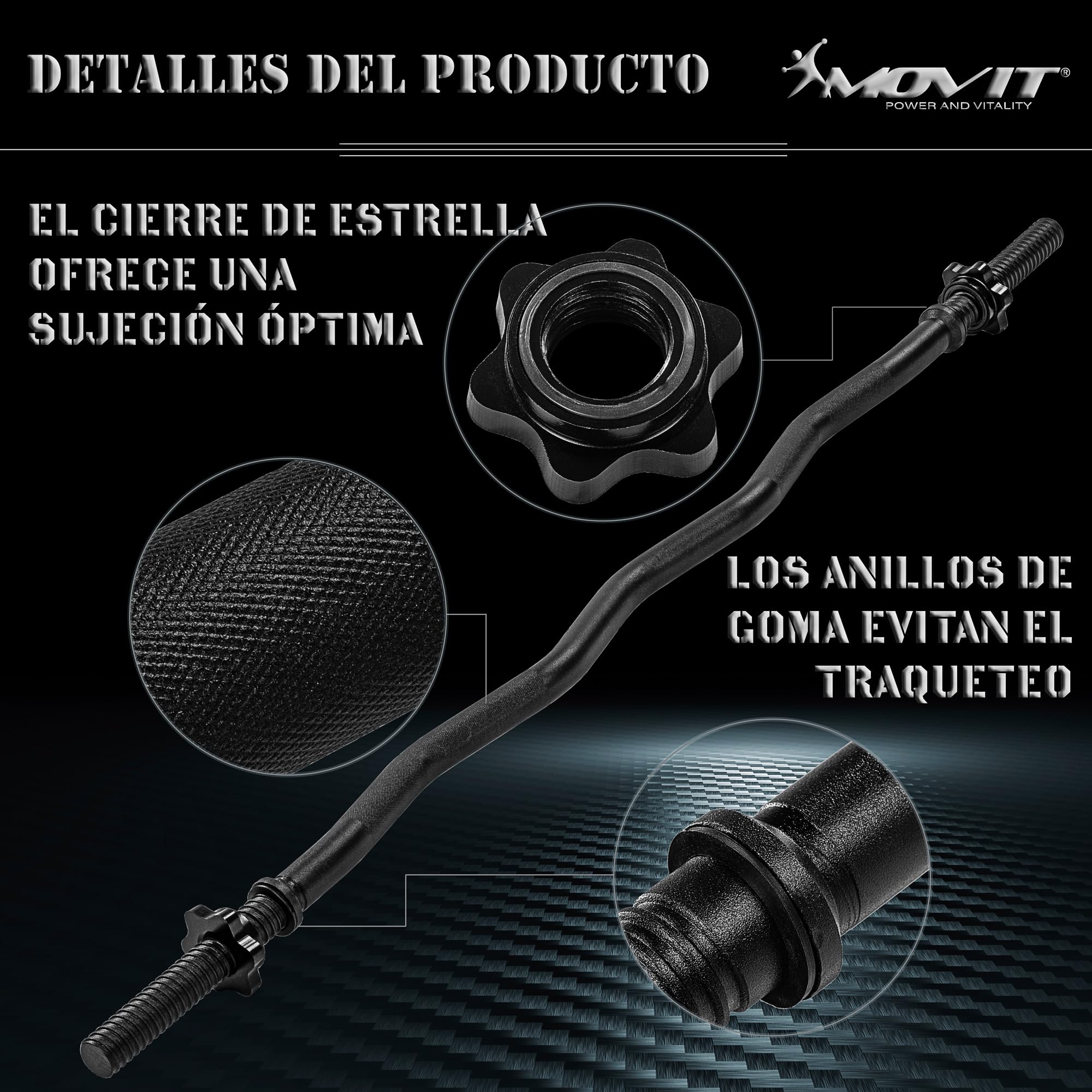 MOVIT barra de curl profesional SZ, 30mm ESTÁNDAR, a elegir: 120cm (7kg) o 130cm (8kg), cromada o negra, bloqueo de estrella o bloqueo de muelle