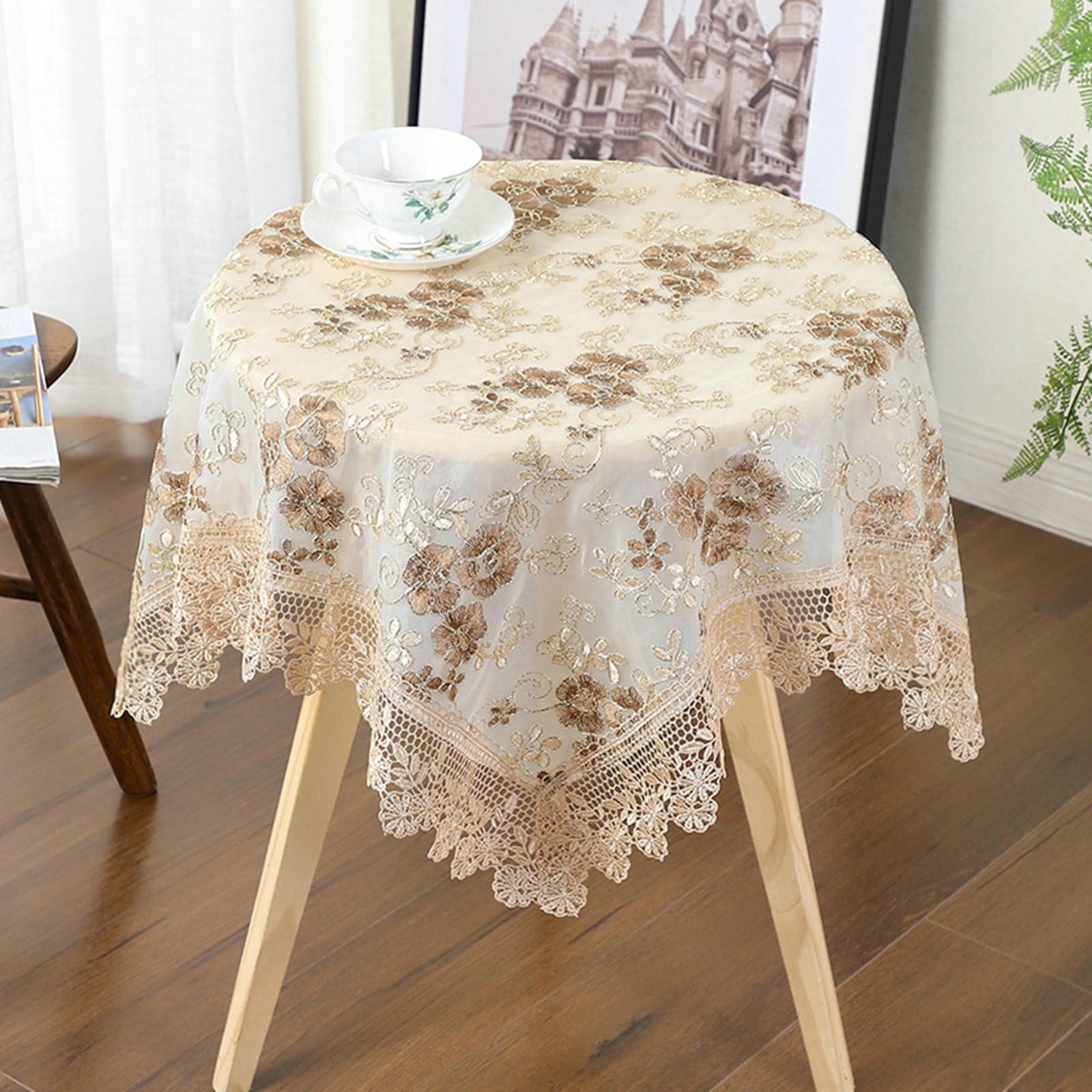 Tischdecke Rund Küche 150 cm, Spitze Stickerei Polyester, Kaffee