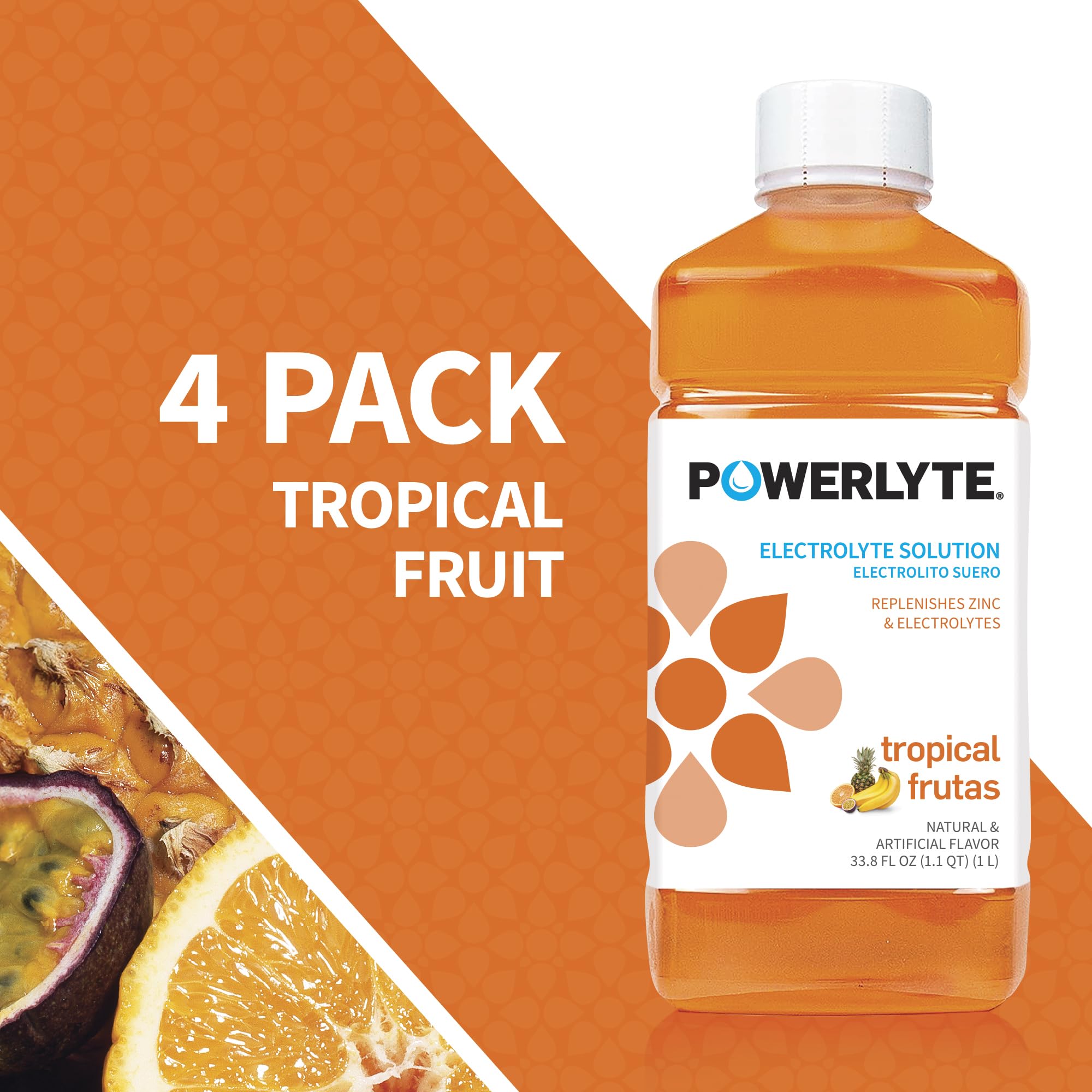 POWERLYTE Sport Hydration Electrolyte Solution Drink for Rehydration | Tropical Fruit | 1 Liter | 4-Pack