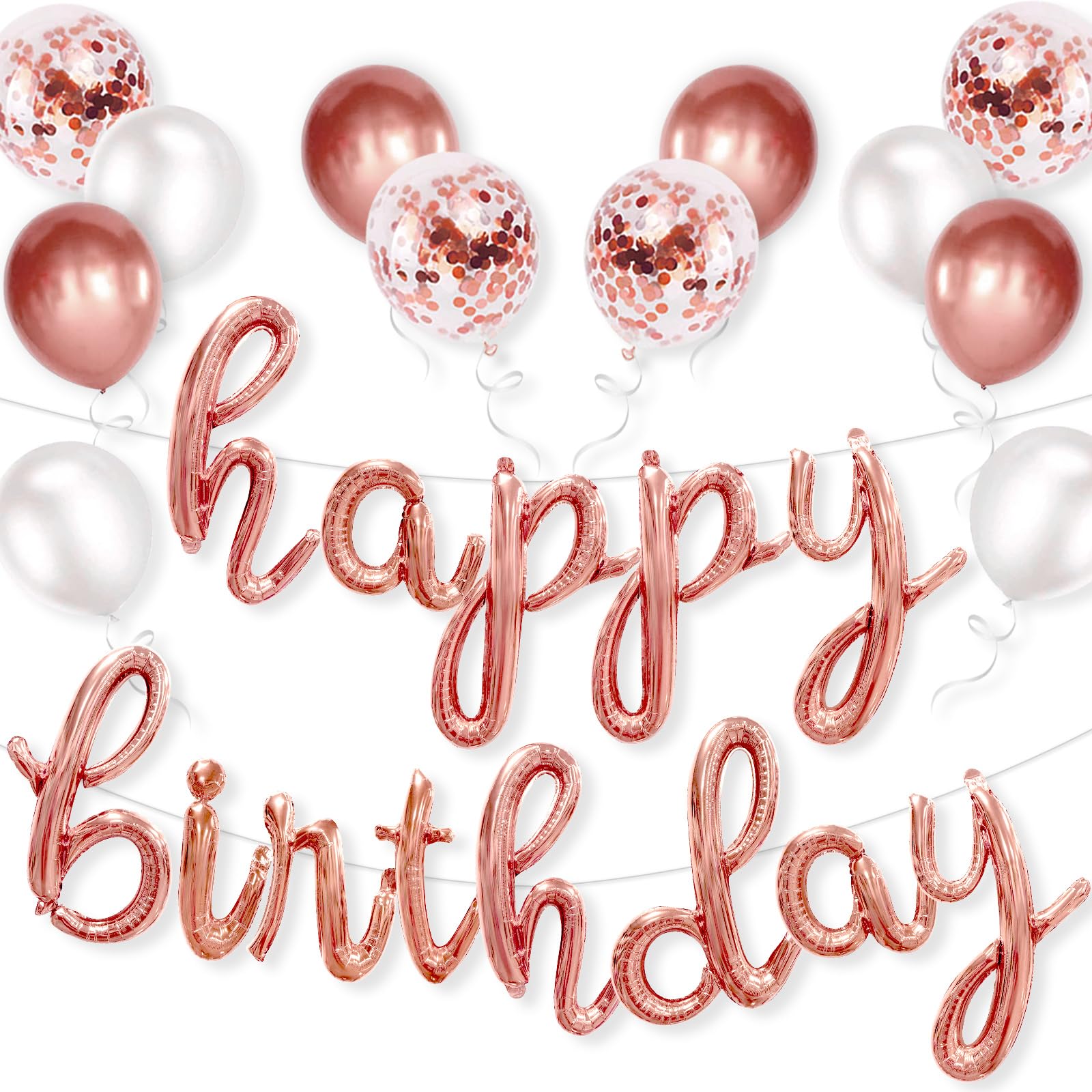 Rose Gold Happy Birthday Balloons, Cursive Letters Balloons Sign with Latex Balloons, Pink Happy Birthday Banner, Rose Gold Birthday Party Decorations