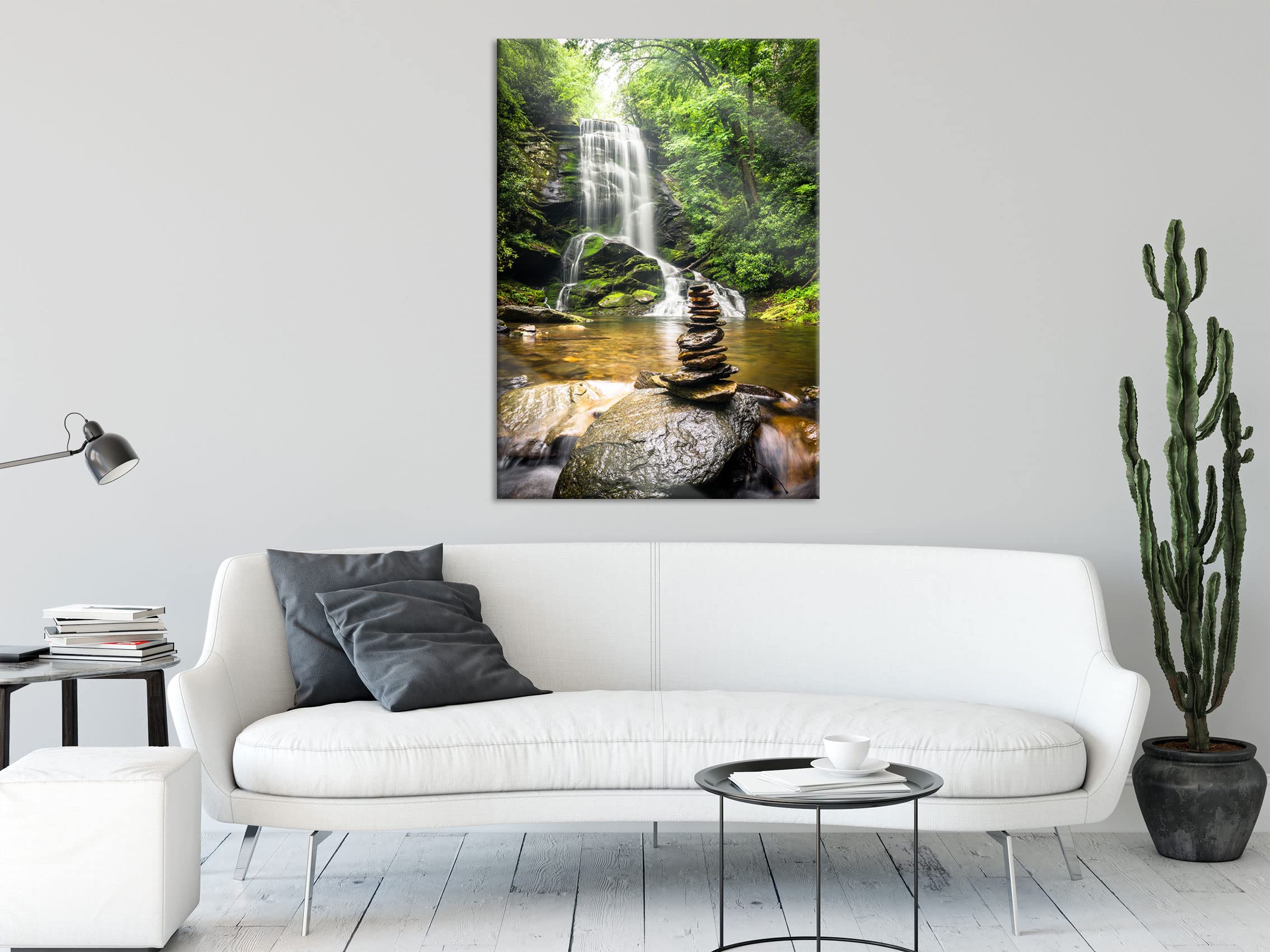 Pixxprint Glasbild, Wandbild aus Echtglas, Zen Steine vor Wasserfall, 40x60 cm, inkl. Aufhängung und Abstandshalter