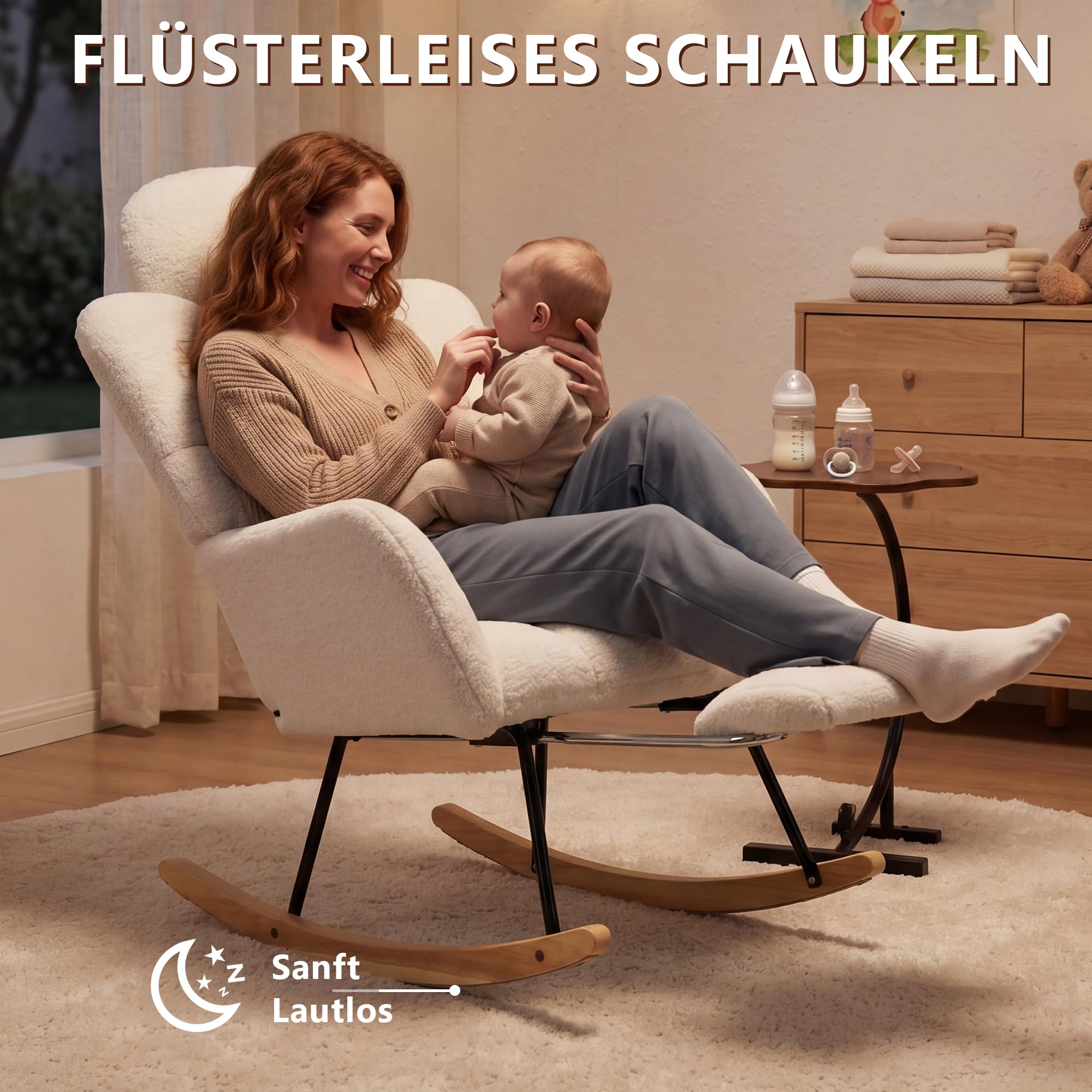 DEKKETO Teddy Stillsessel Schaukelstuhl mit Fußstütze und Kopfstütze, Weiß