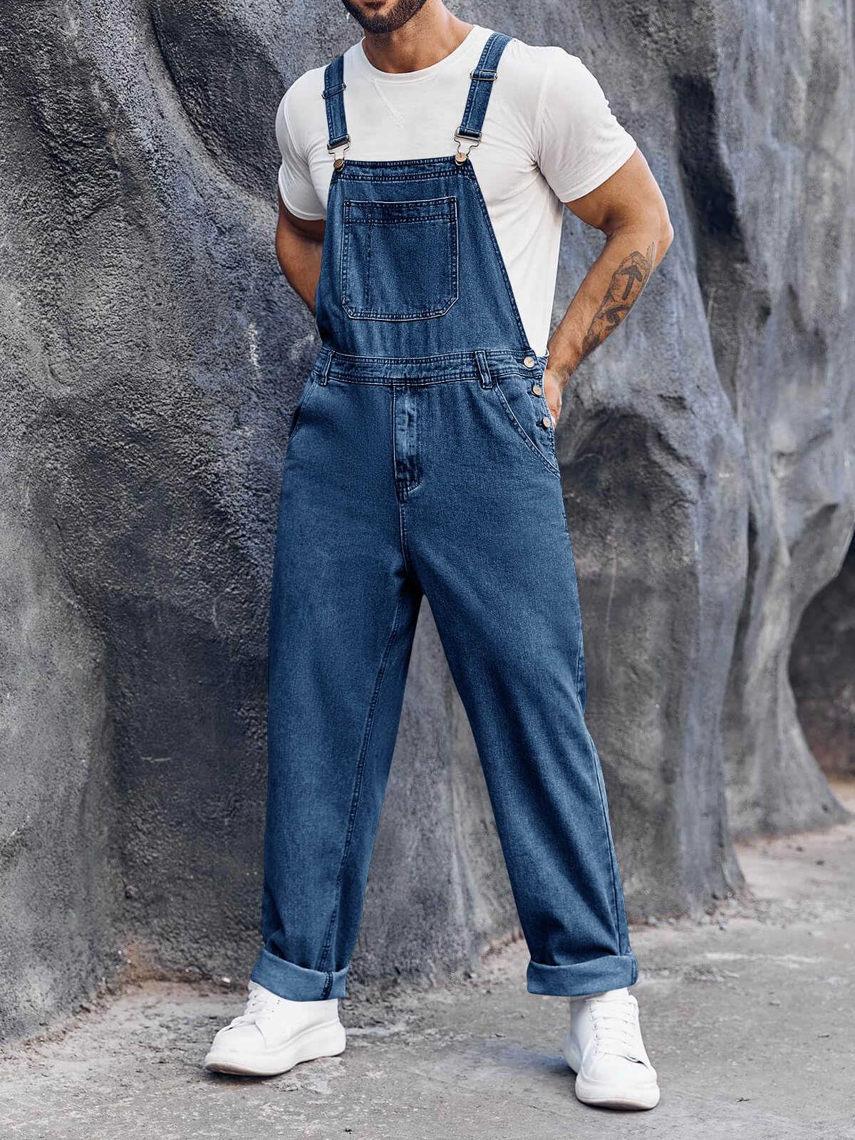 Runcati Salopette da uomo in denim, pantaloni da lavoro, pantaloni estivi streetwear, jeans casual, spalline regolabili