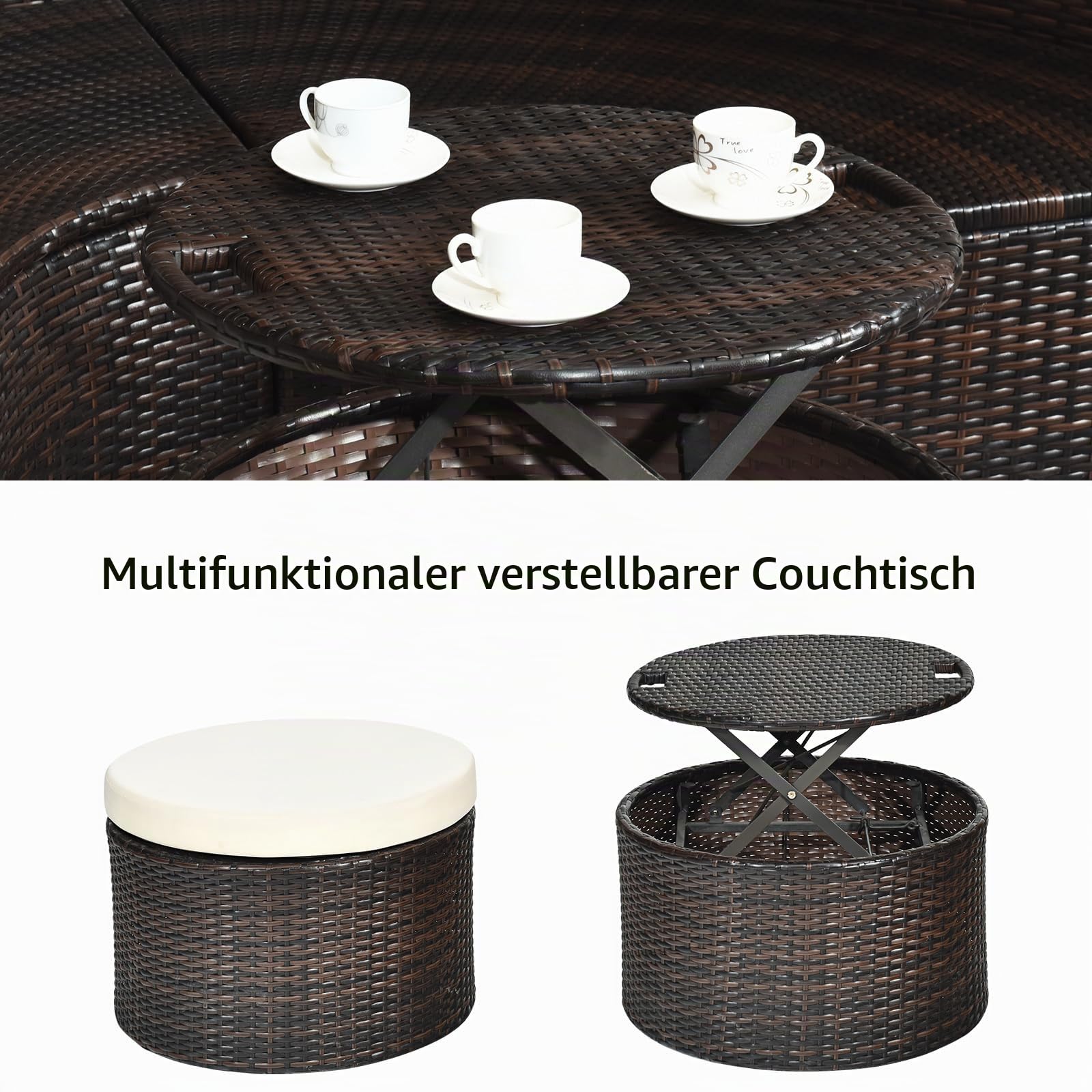 LIFEZEAL Rattan Sonneninsel mit Sonnendach, Gartenliege Sonnenliege mit Kissen, 5-teiliges Lounge Set mit faltbarem Regencover, Gartenlounge Terrassenmöbel bis zu 360 kg (Beige, 192 x 192 x 146 cm)