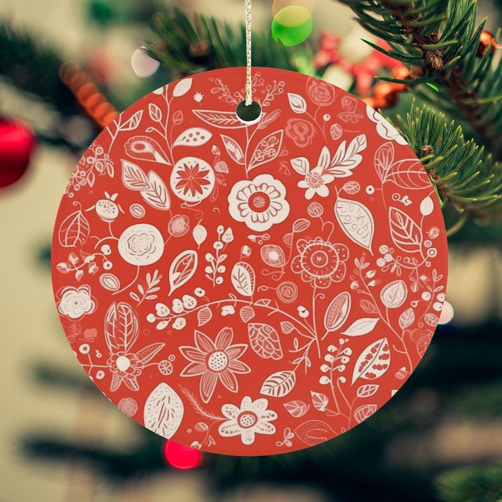 Flowers on Red Background Christmas Ornament for Christmas Tree Ceramic Round Ornament Winter Holiday Keepsake Gift 2.7" Christmas Tree Hanging Decorations Circle Ceramic Pendant Xmas Gift