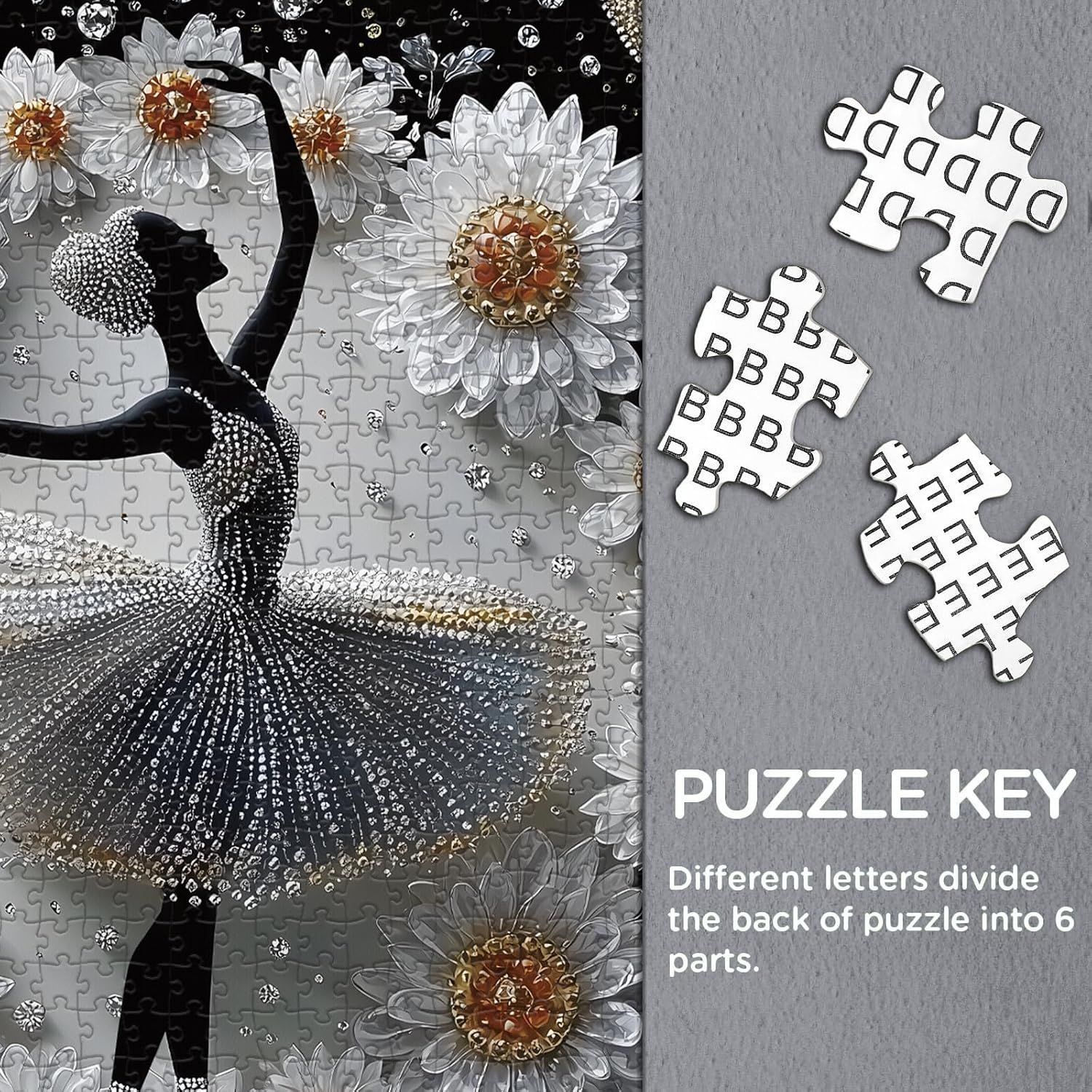 Diamond Ballerina Puzzles for Adults 1000 Pieces, Larkipuzz Ballet Dancer Jigsaw Puzzles Flower Butterfly, Impossible Challenging Crystal Dancing Girl Theme as House Decor