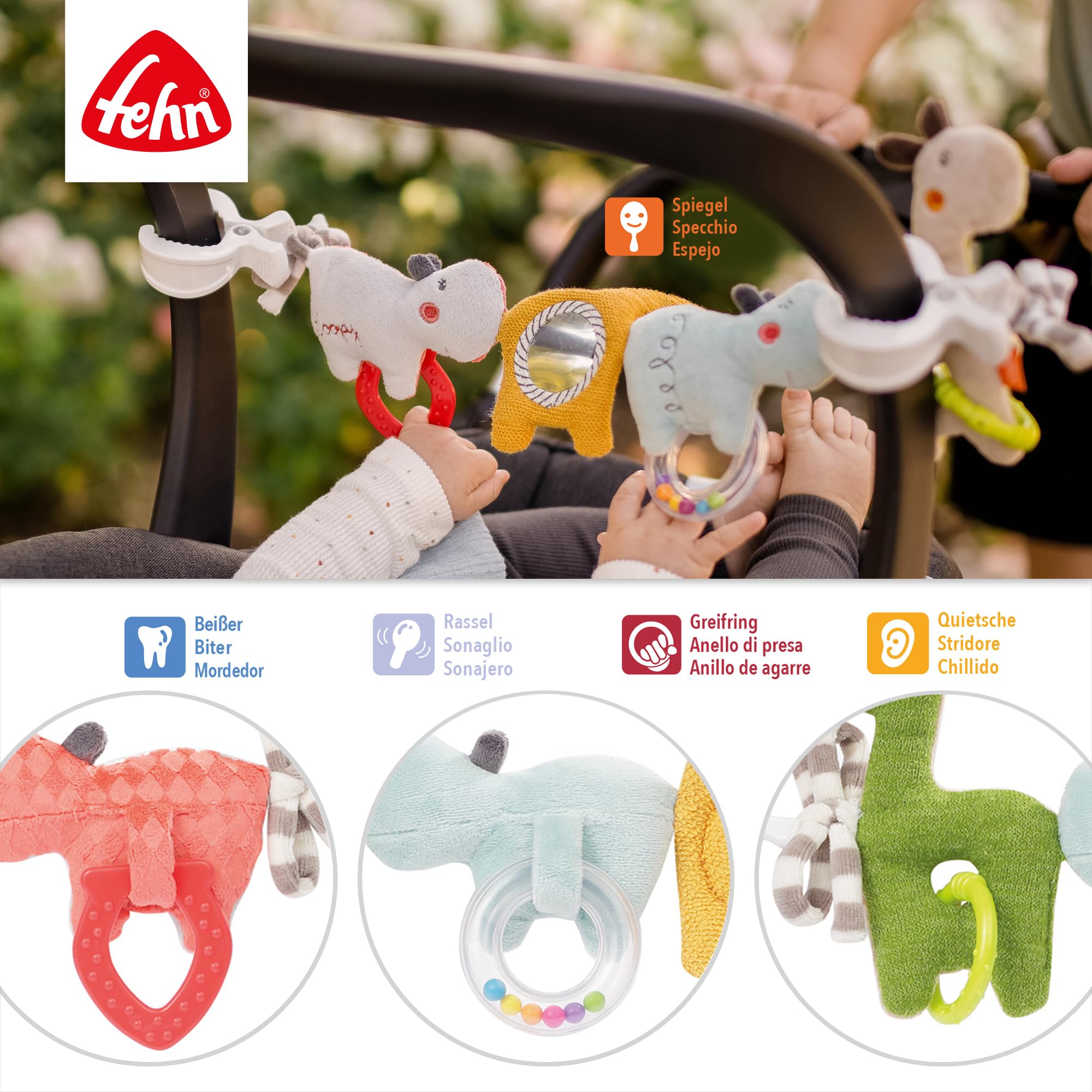 Fehn Loopy y Lotta 059137 - Cadena para cochecito, cadena móvil con simpáticas figuras colgantes para colgar de forma flexible, para bebés y niños pequeños a partir de 0 meses, longitud: 45 cm
