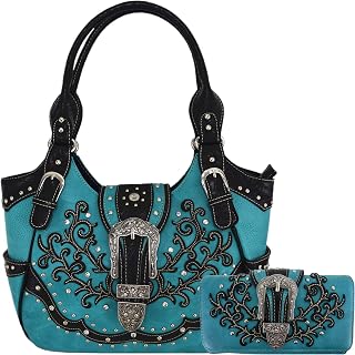 Western Style Tooled Leather Buckle Concealed Carry Purse Country Handbag Women Shoulder Bag Wallet Set (Turquoise Set)
