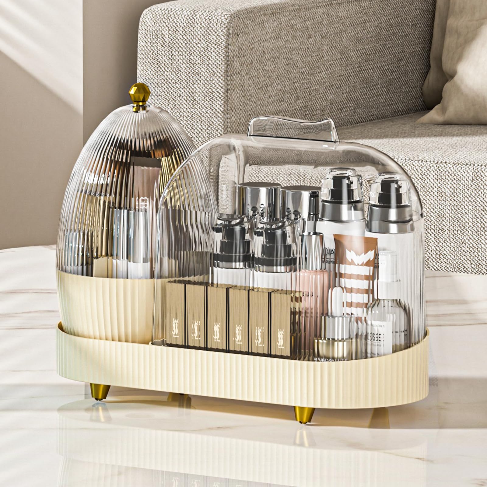 THENNIKIGO Rotating Makeup Organizer for Vanity with Brush Holder, Cosmetic Makeup Storage,Lotions Display Cases,Large Spinning Makeup Skincare Organizer(15x11'')