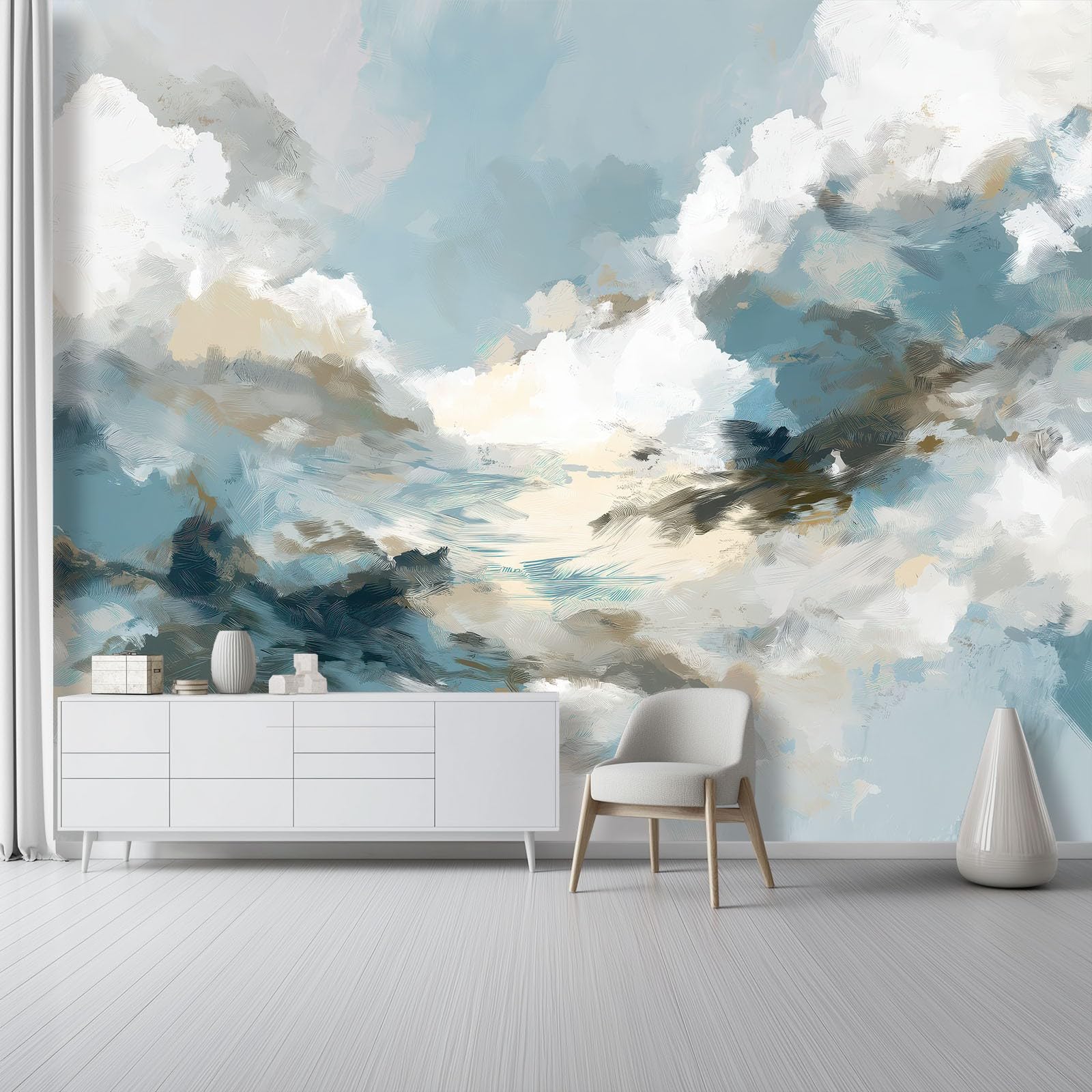 Papier peint panoramique bleu 350x256 cm pour habiller un mur d'accent de salon