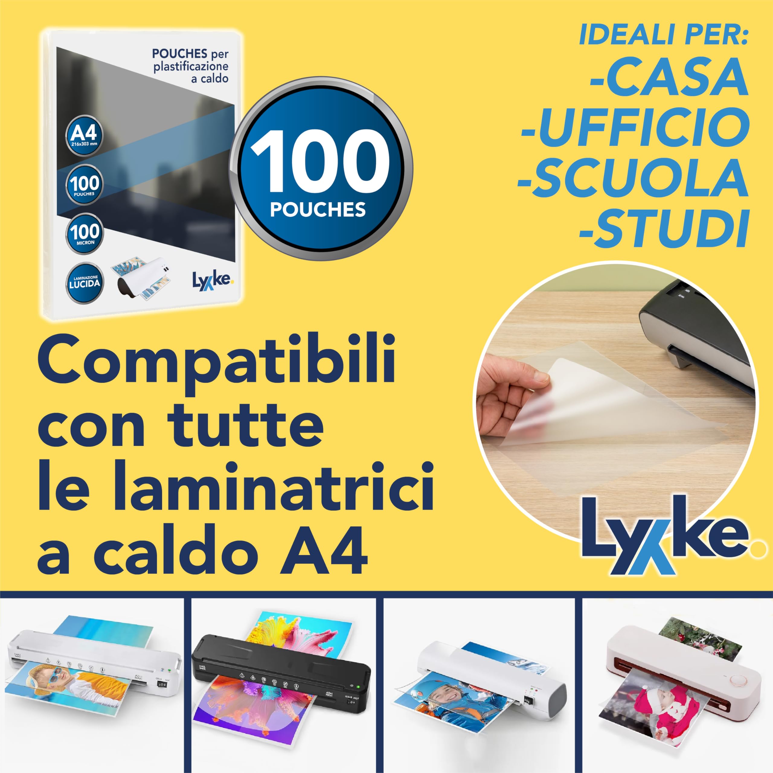 Fogli Plastificatrice A4 100 pz 2x100 micron Lucidi Premium Anti-inceppamento Trasparenti per Foto Documenti