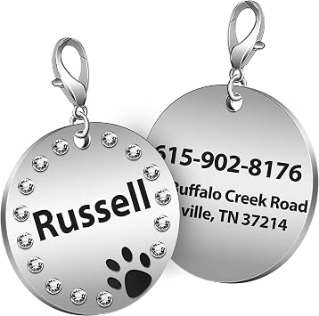 Custom Engraved Round Pet ID Tag with Rhinestones Personalized Inlaid Crystals Cat Dog Tags Stainless Steel Black
