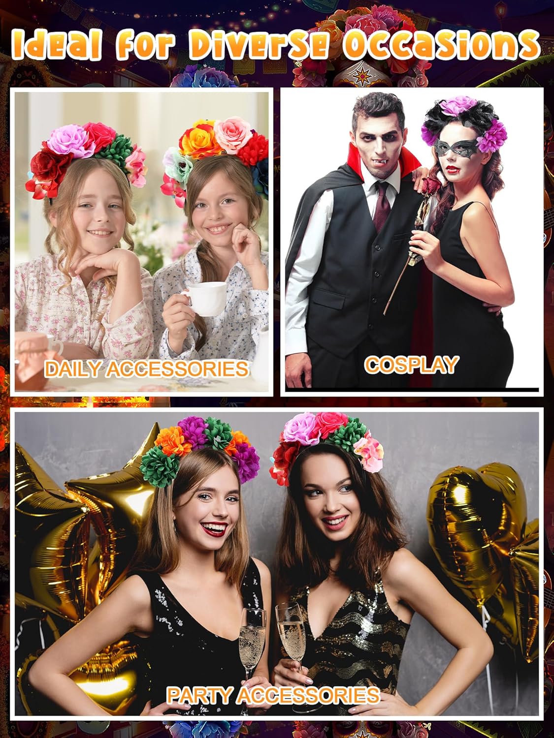 Zeyune Mexican Flower Headband Fiesta Rose Flower Crown Costume Mexican Headpiece for Women Party Cosplay Halloween(Bright Color,8 Pcs)
